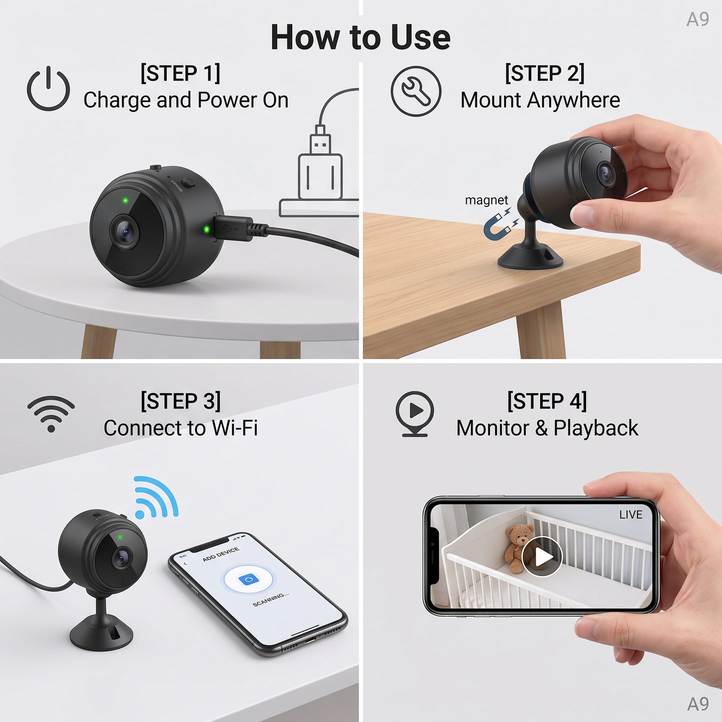 A9 HD Wireless Mini Security Camera with Night Vision & Motion Detection