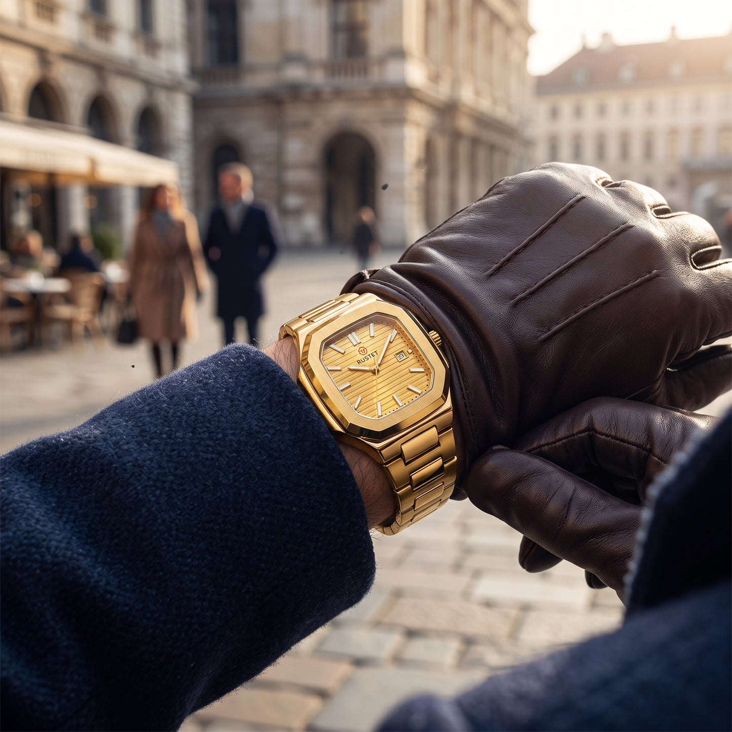 RUSTET Men's Ultra-Thin Square Case Watch – Full Gold, Pleated Dial & Waterproof