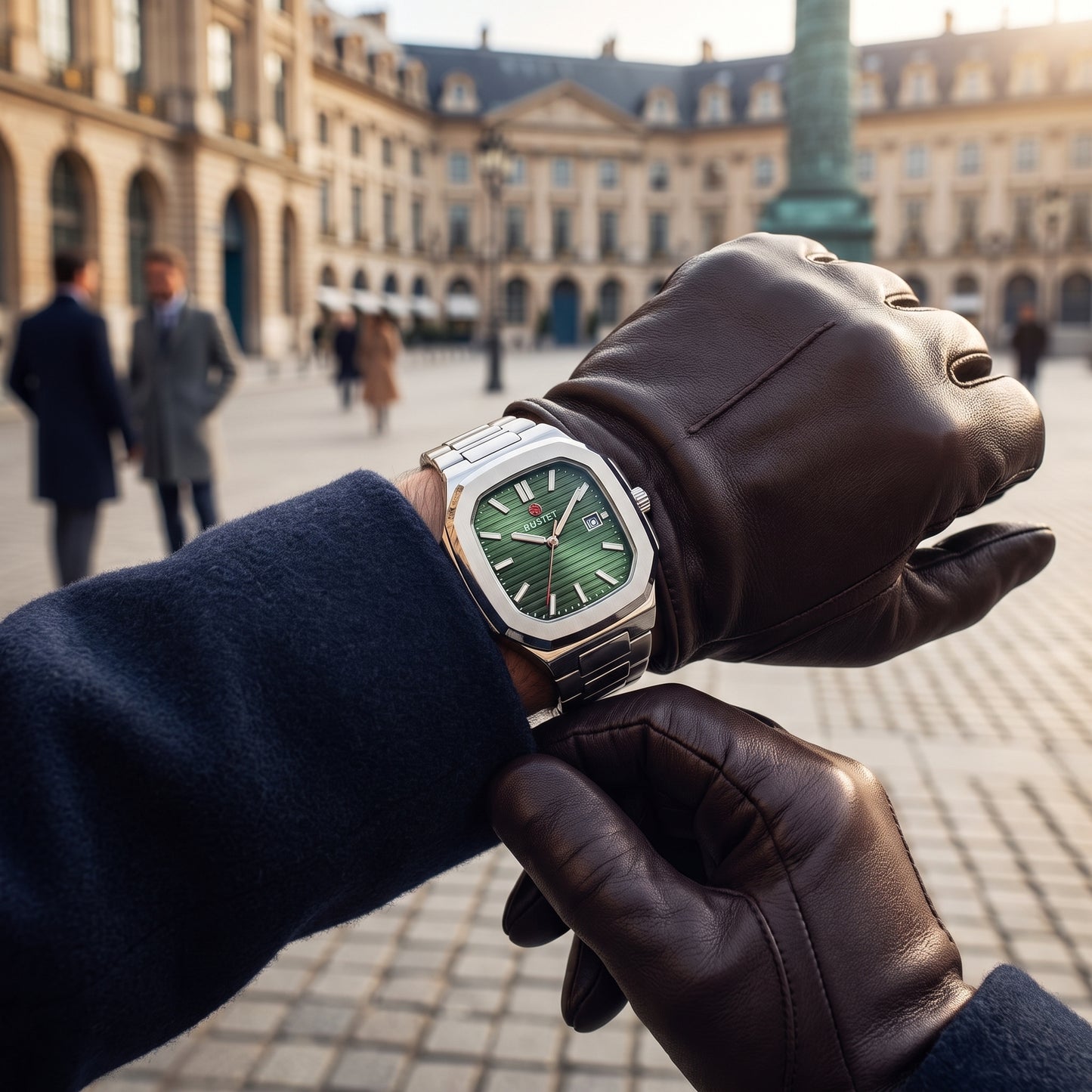RUSTET Men's Ultra-Thin Square Case Watch – Green Dial - date, Steel & Waterproof