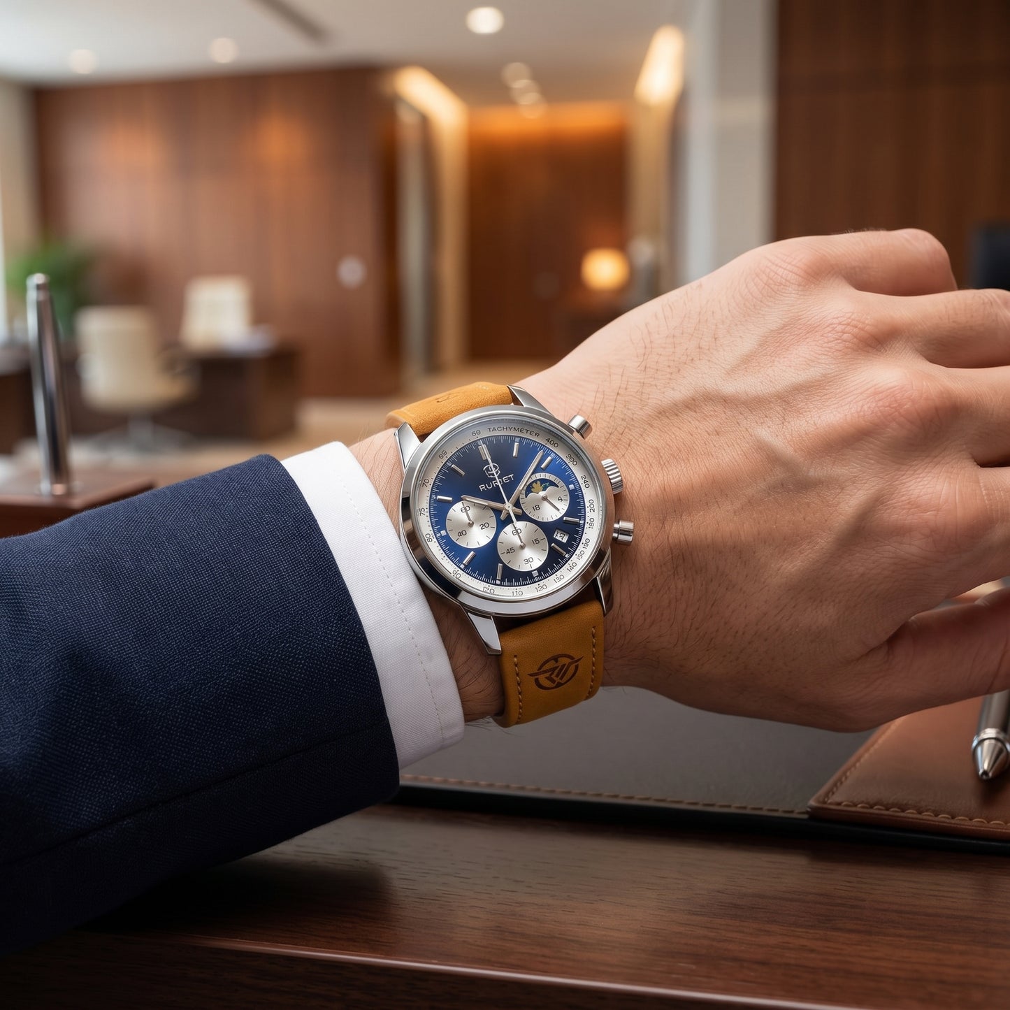 RUSTET Blue Dial Chronograph Watch – Tan Leather Strap with Premium Branded Case