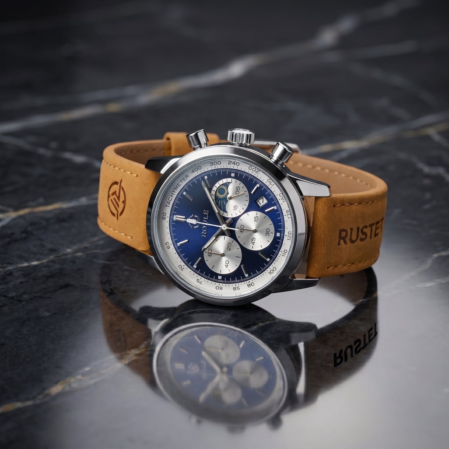 RUSTET Blue Dial Chronograph Watch – Tan Leather Strap with Premium Branded Case