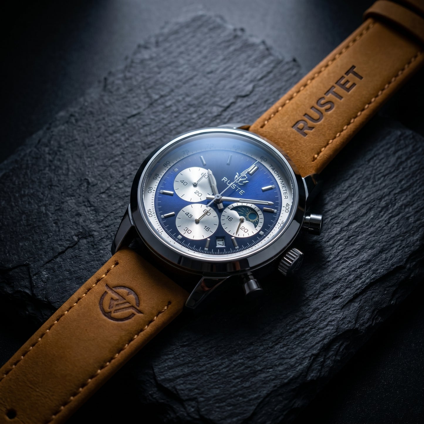 RUSTET Blue Dial Chronograph Watch – Tan Leather Strap with Premium Branded Case