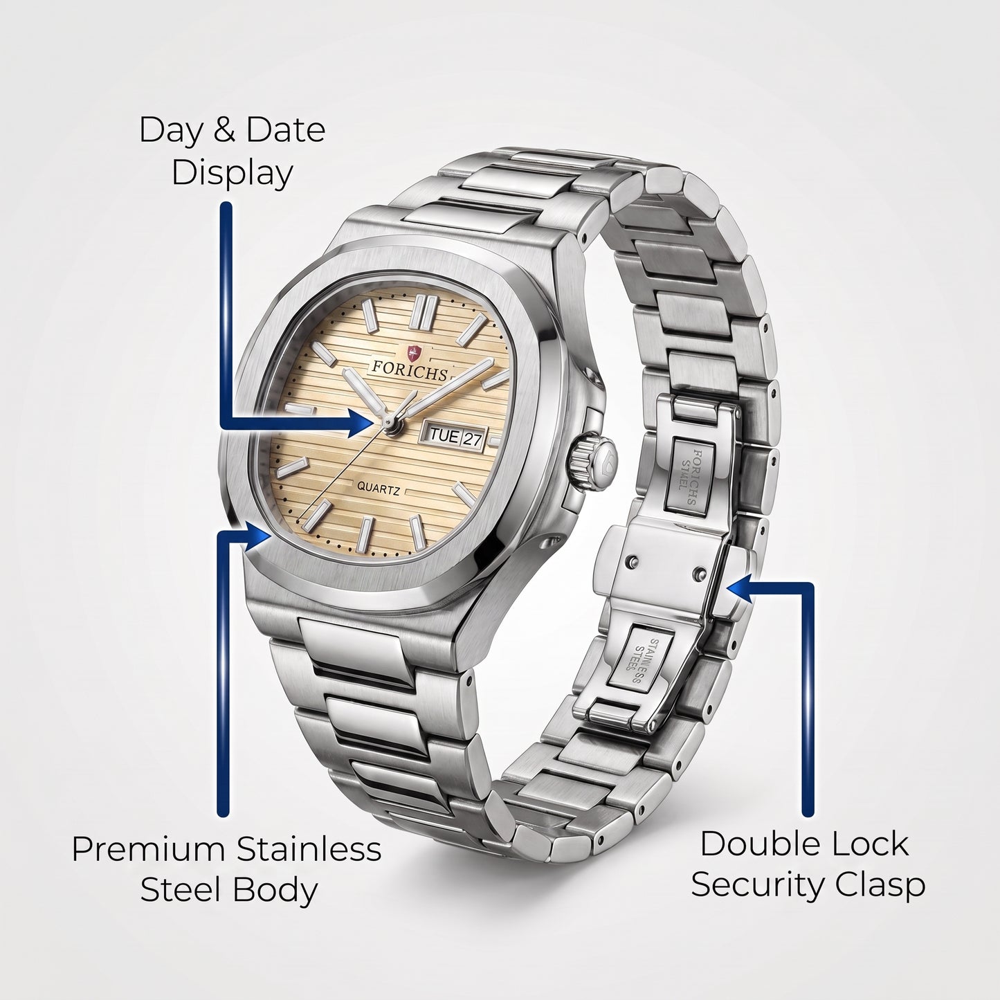 FORICHS Champagne Gold Dial Stainless Steel Date and day display Watch for Men