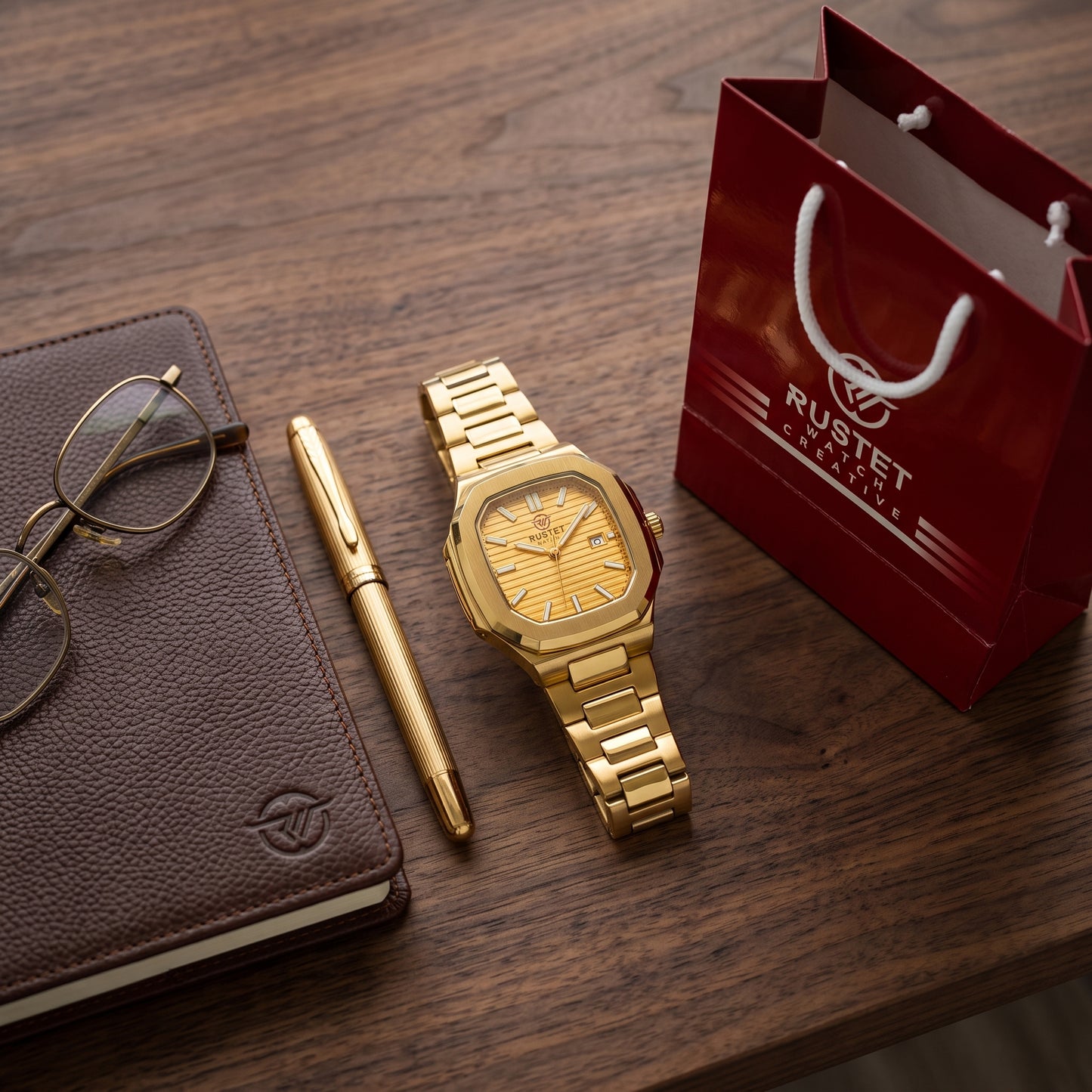 RUSTET Men's Ultra-Thin Square Case Watch – Full Gold, Pleated Dial & Waterproof