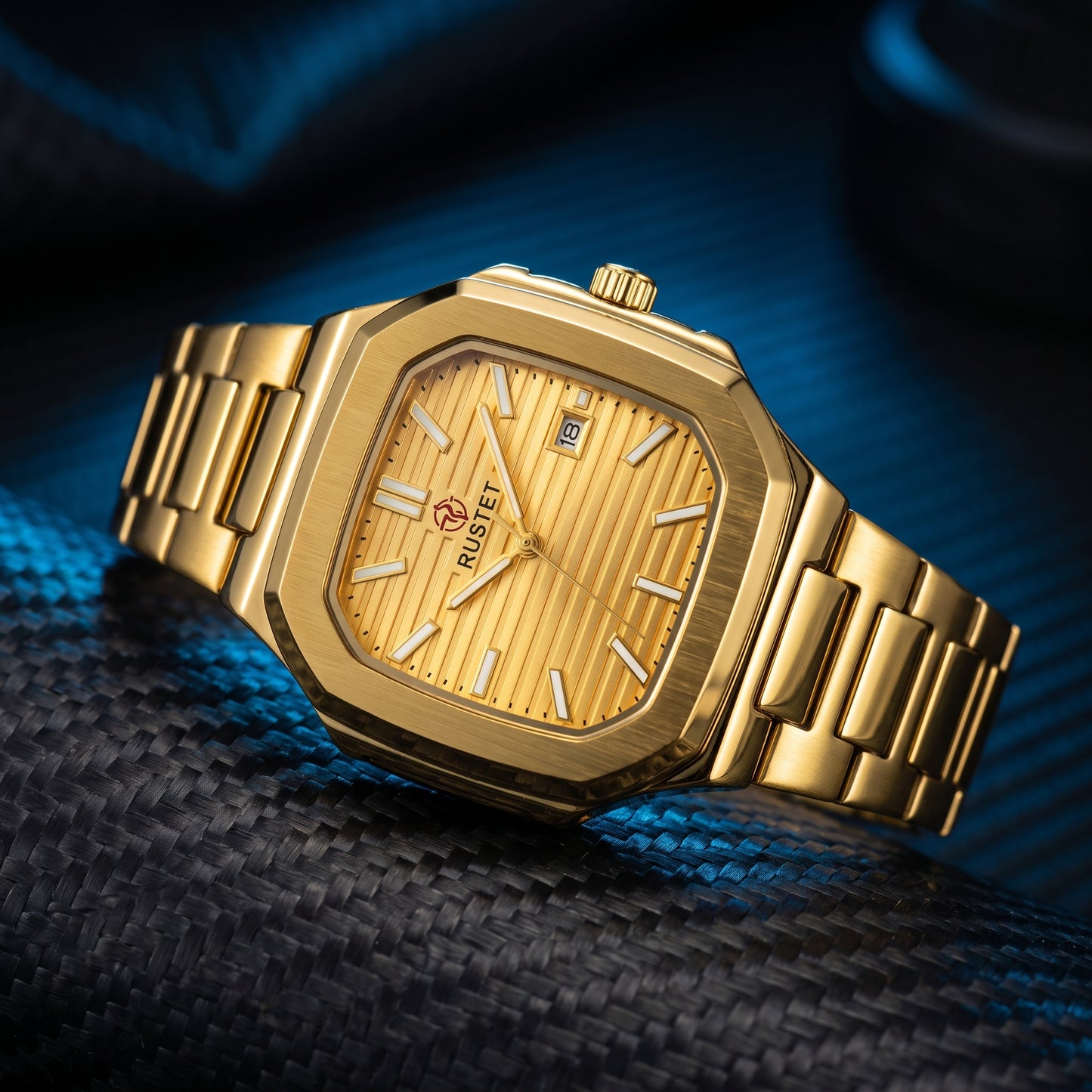 RUSTET Men's Ultra-Thin Square Case Watch – Full Gold, Pleated Dial & Waterproof