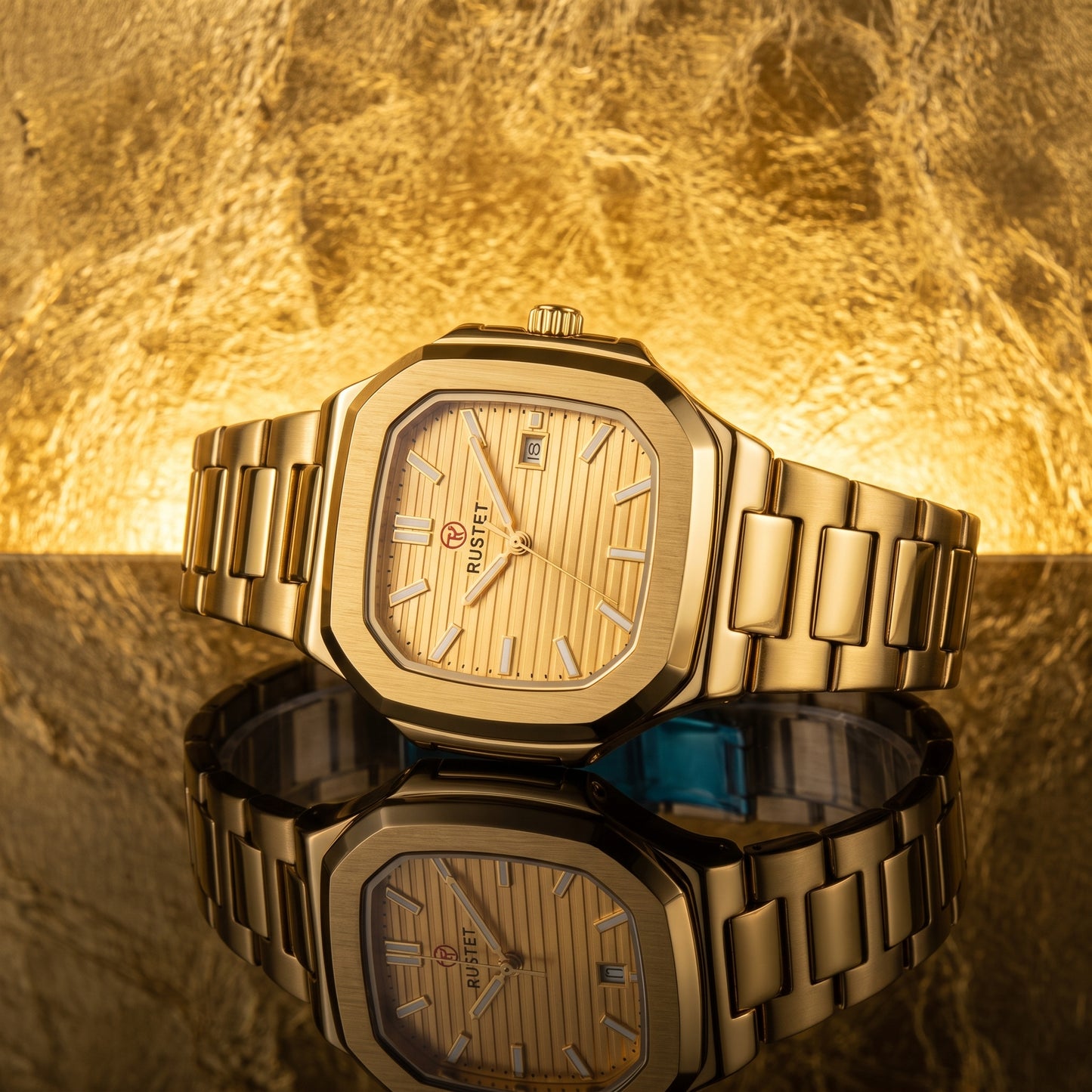 RUSTET Men's Ultra-Thin Square Case Watch – Full Gold, Pleated Dial & Waterproof