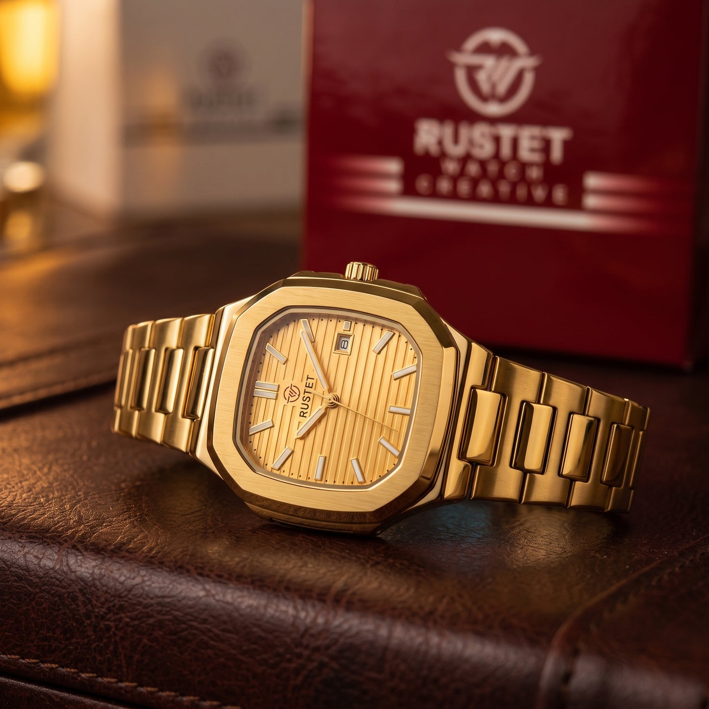 RUSTET Men's Ultra-Thin Square Case Watch – Full Gold, Pleated Dial & Waterproof