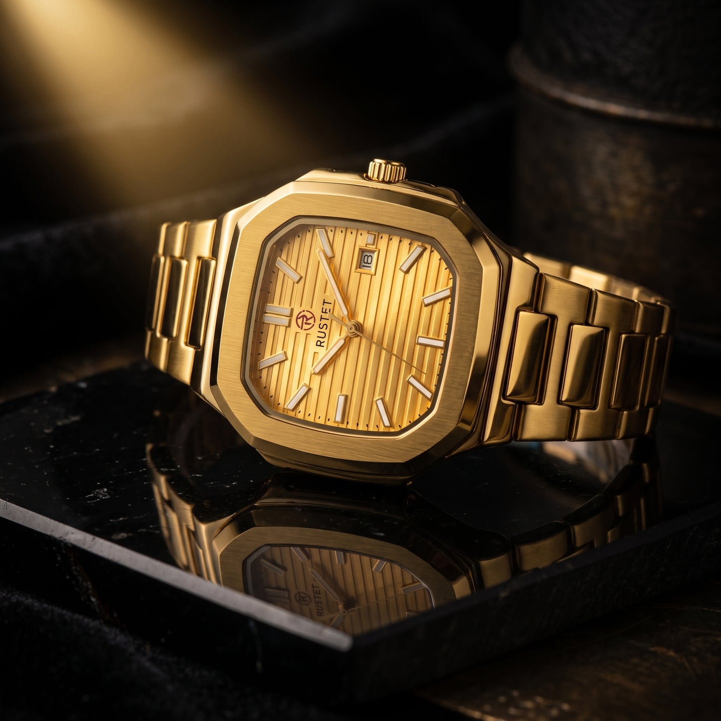 RUSTET Men's Ultra-Thin Square Case Watch – Full Gold, Pleated Dial & Waterproof