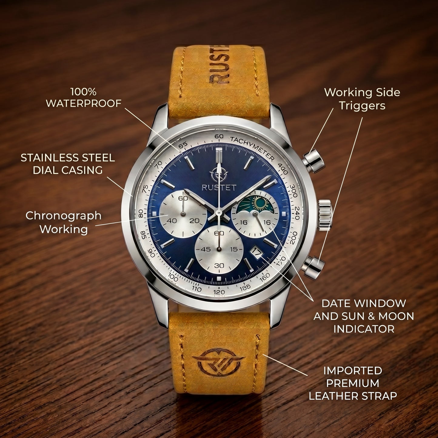 RUSTET Blue Dial Chronograph Watch – Tan Leather Strap with Premium Branded Case