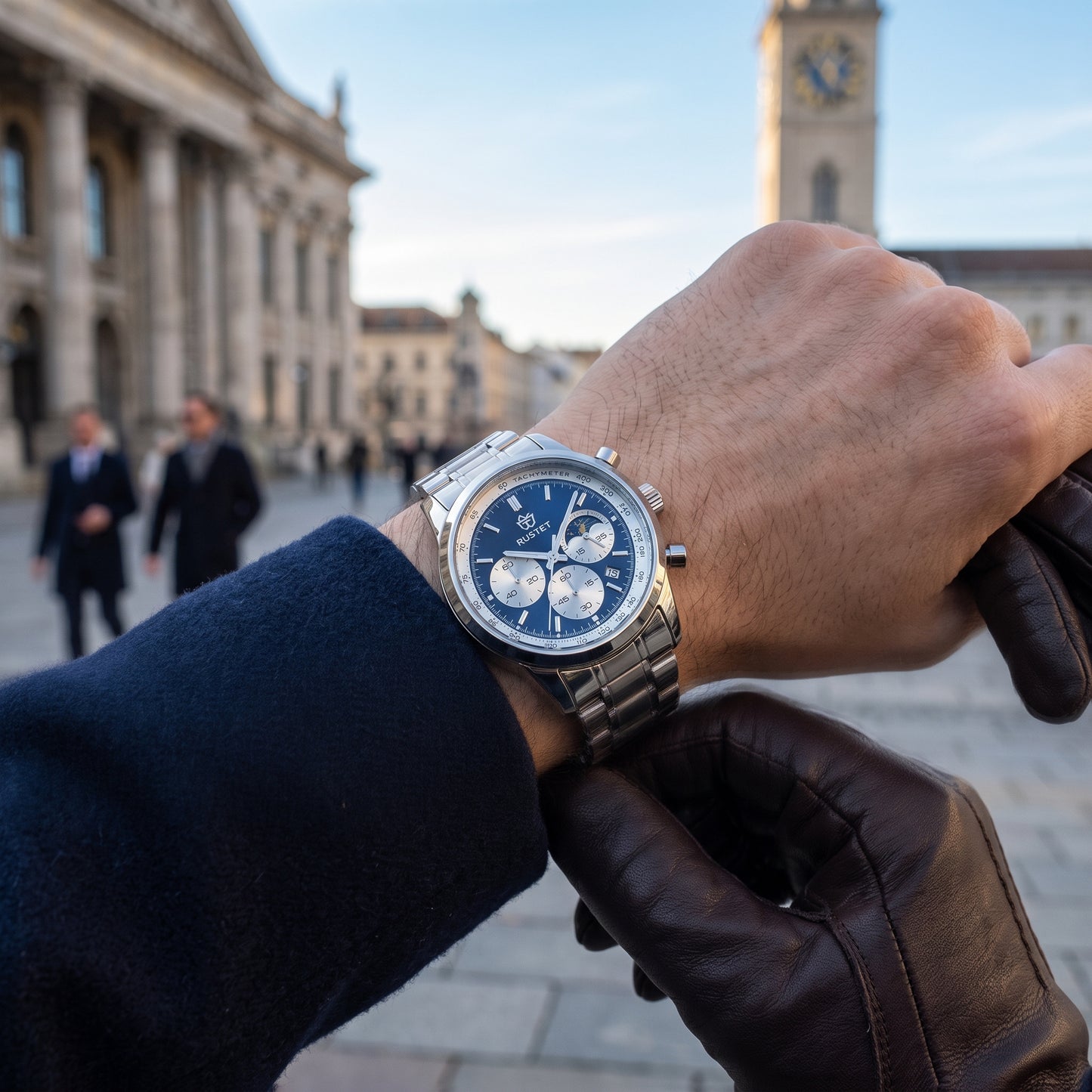 RUSTET Men's Chronograph Watch – Sapphire Crystal, Steel & Blue Dial with premium case