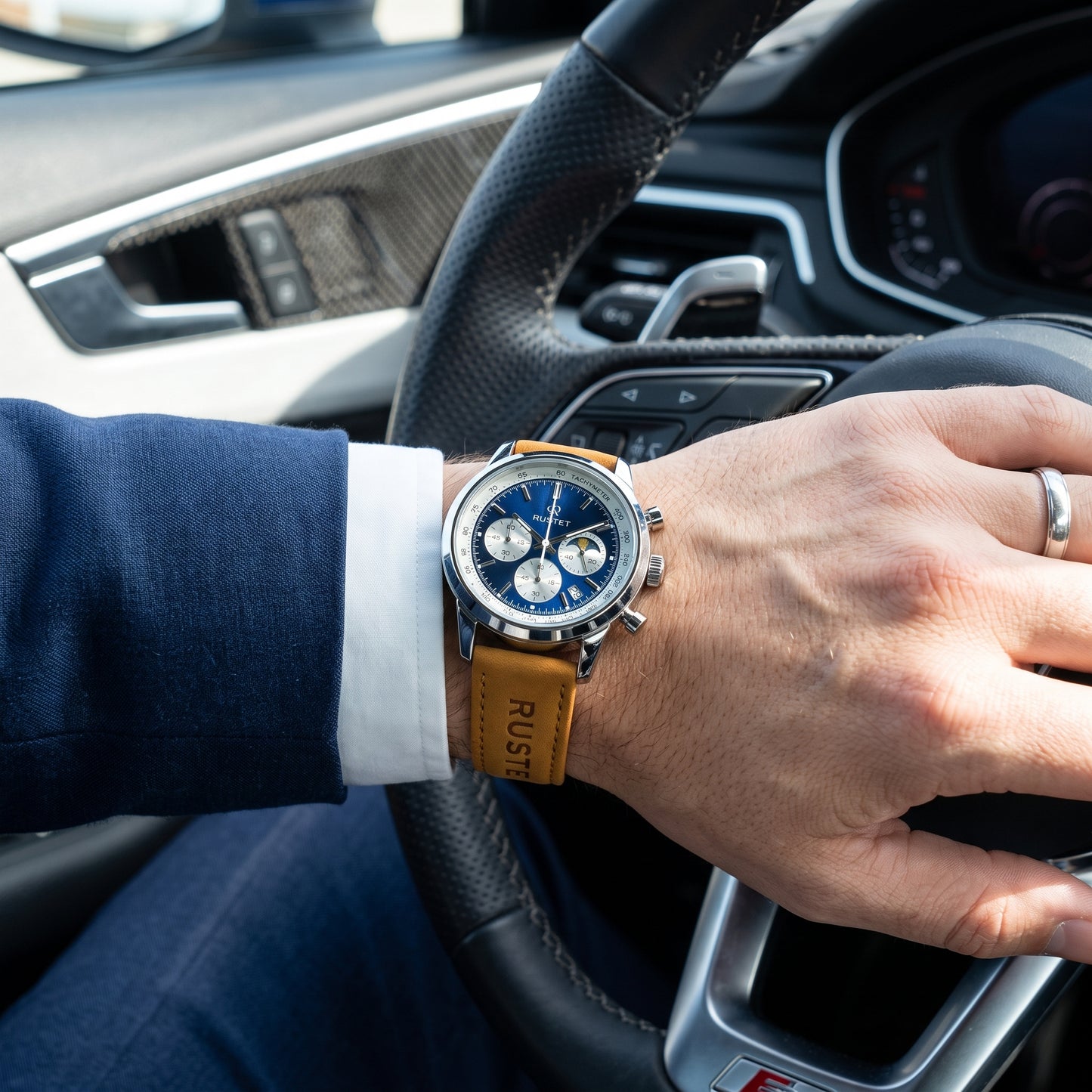 RUSTET Blue Dial Chronograph Watch – Tan Leather Strap with Premium Branded Case