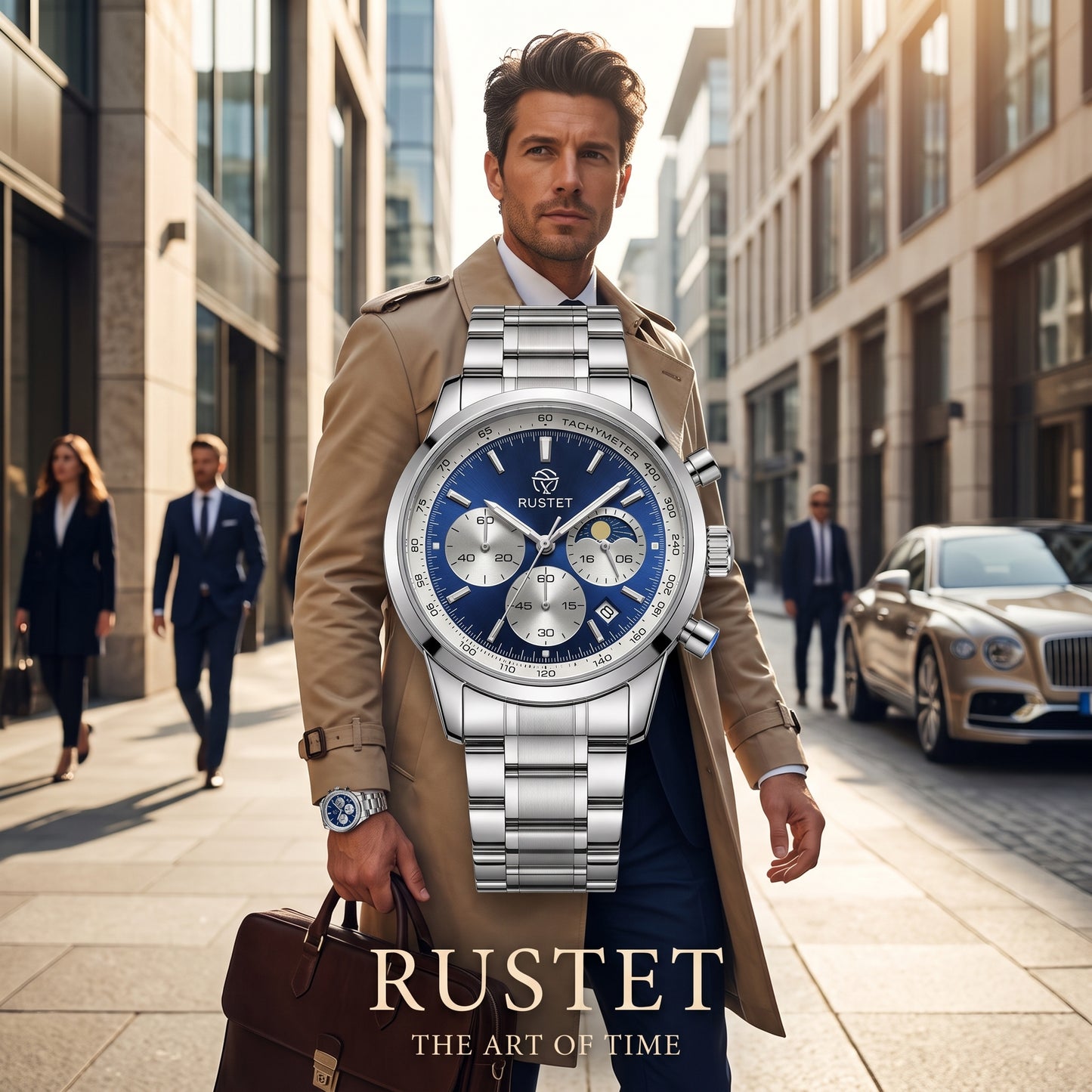 RUSTET Men's Chronograph Watch – Sapphire Crystal, Steel & Blue Dial with premium case