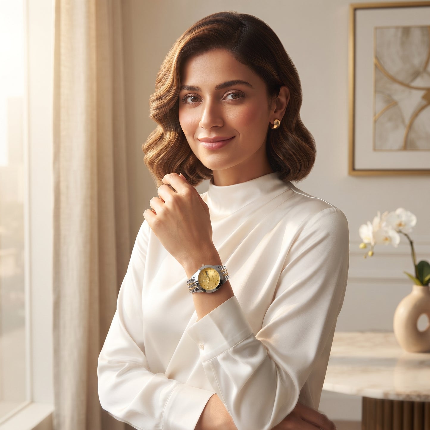 RUSTET Women's Waterproof Two-Tone Watch – Gold Dial, Day-Date, Double Lock Clasp