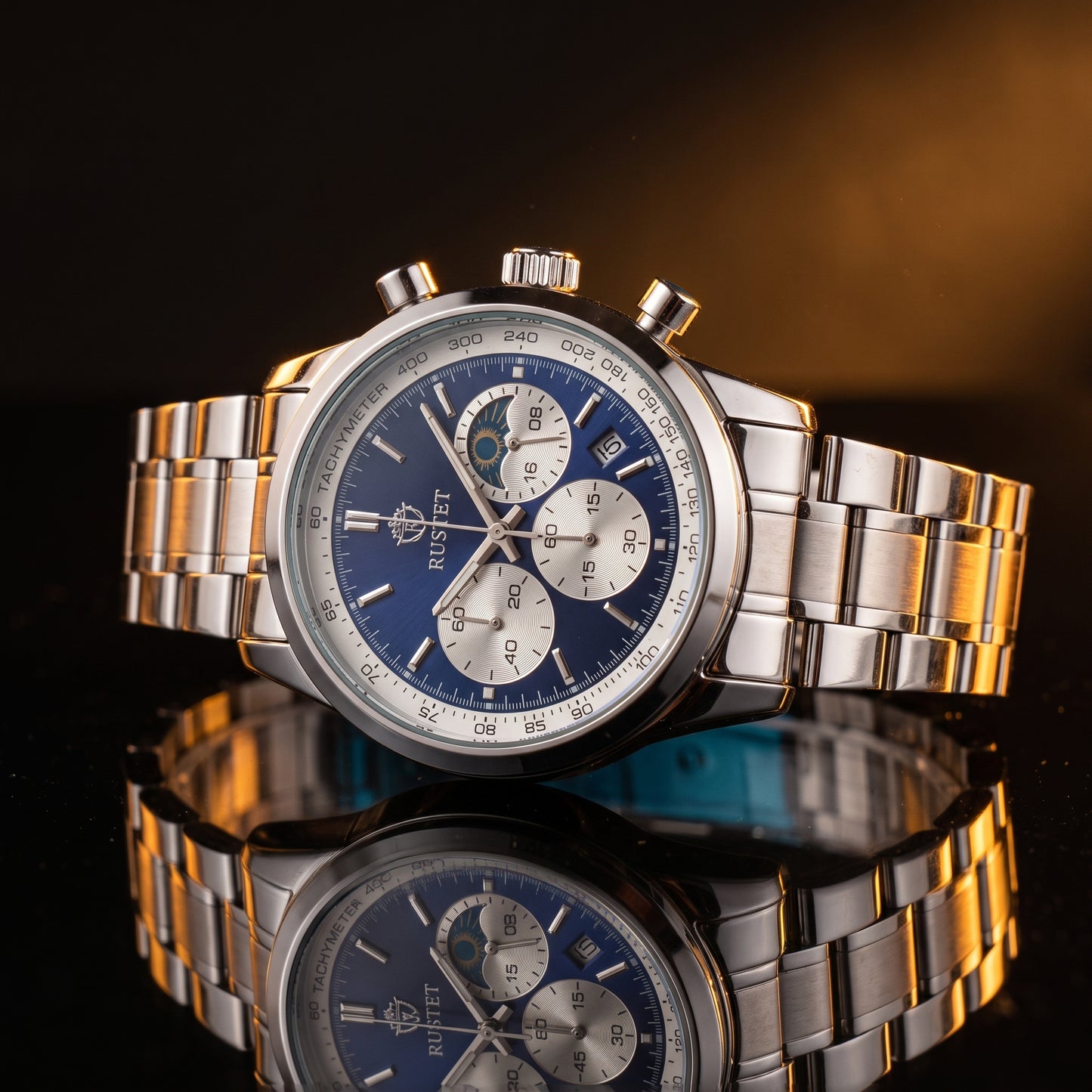 RUSTET Men's Chronograph Watch – Sapphire Crystal, Steel & Blue Dial with premium case