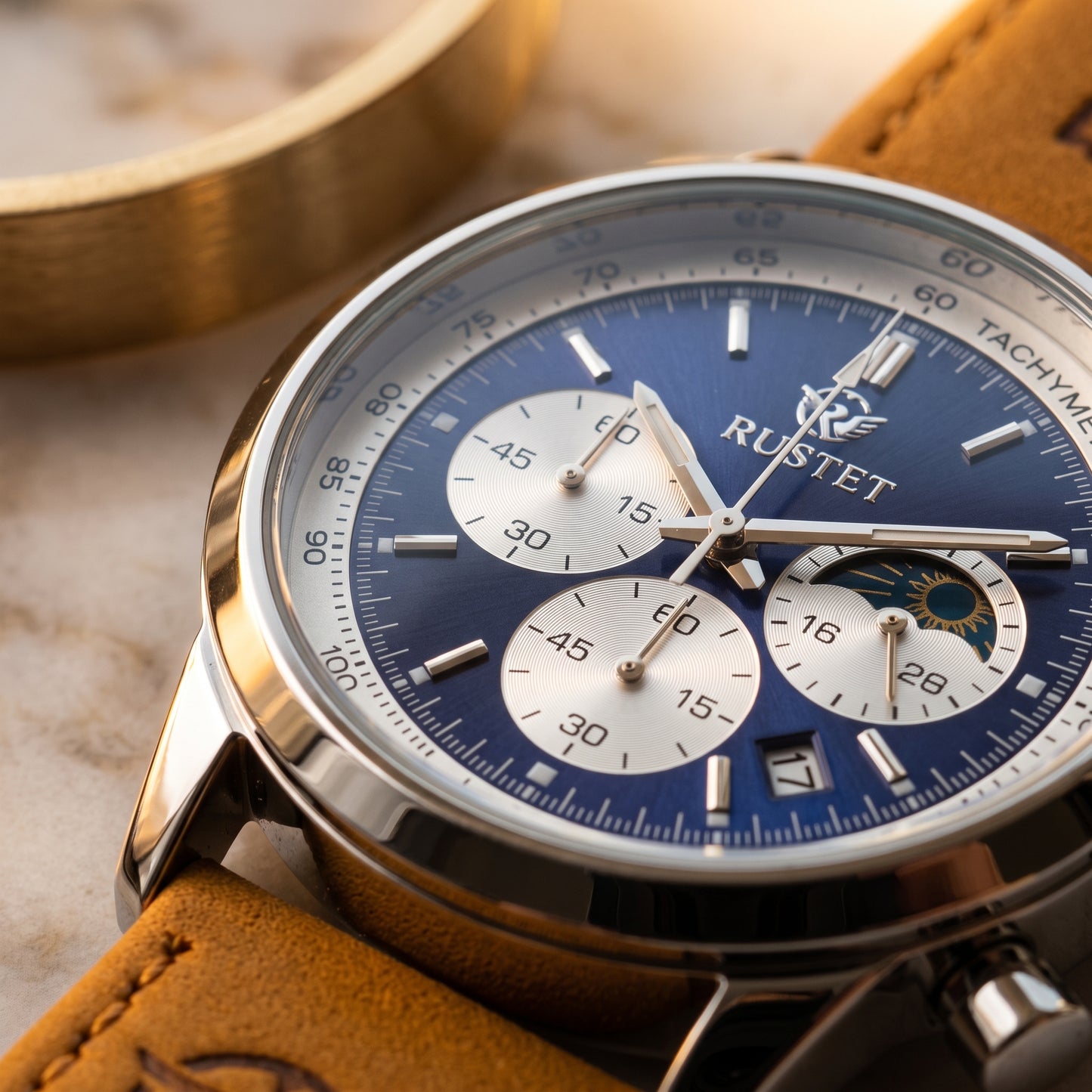 RUSTET Blue Dial Chronograph Watch – Tan Leather Strap with Premium Branded Case