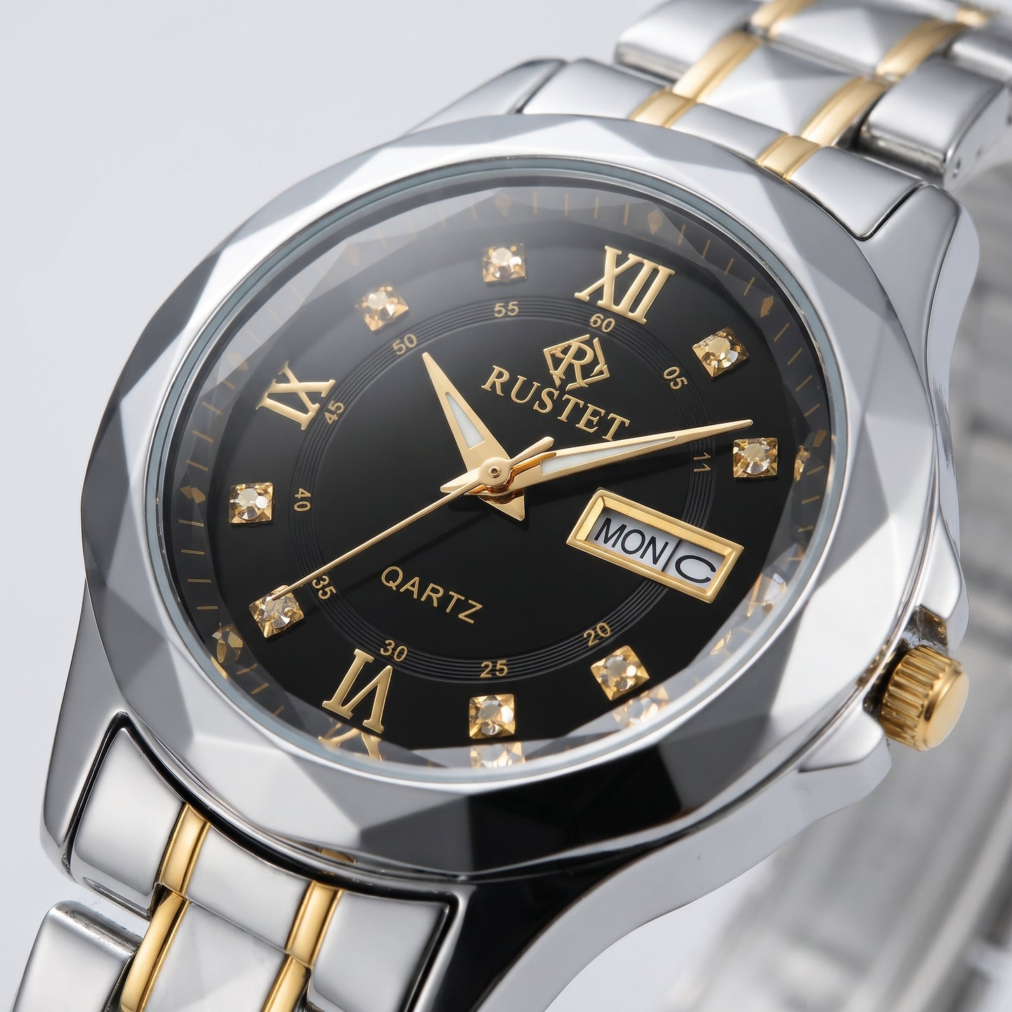 RUSTET Women's Two-Tone Gold & Silver Waterproof Watch – Black Dial, Day-Date