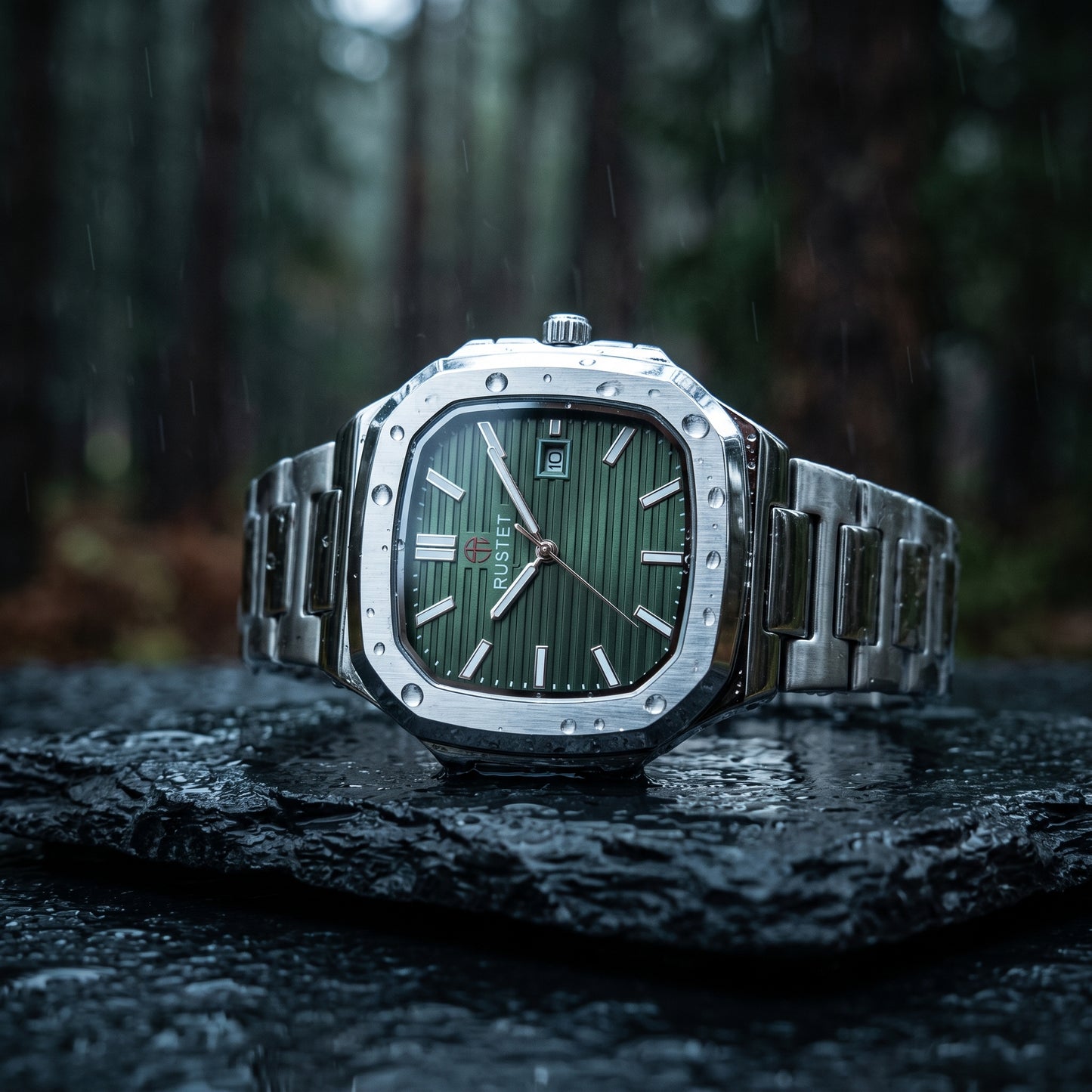 RUSTET Men's Ultra-Thin Square Case Watch – Green Dial - date, Steel & Waterproof