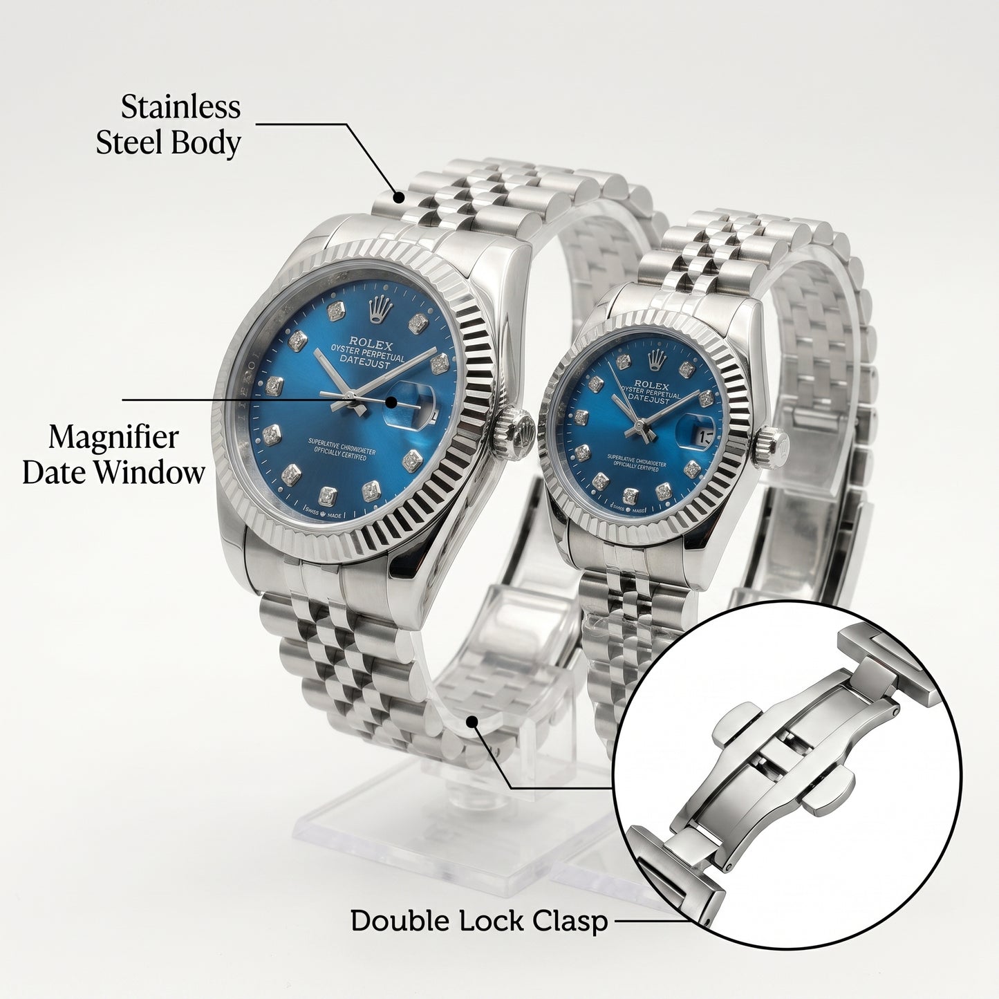 Rolex Datejust Couple Watch Set – Blue Dial, Fluted Bezel & Jubilee Bracelet (His & Hers)