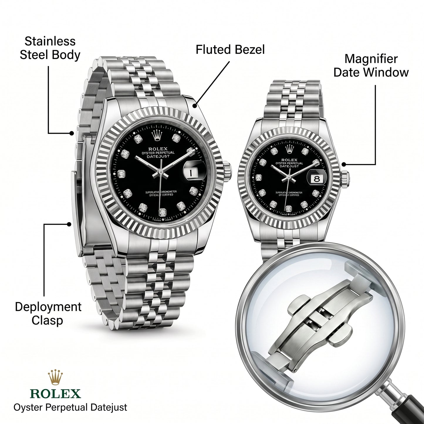 Rolex Datejust Couple Watch Set – Black Dial, Fluted Bezel & Jubilee Bracelet (His & Hers)