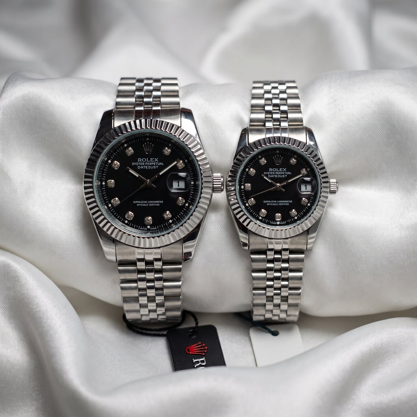 Rolex Datejust Couple Watch Set – Black Dial, Fluted Bezel & Jubilee Bracelet (His & Hers)