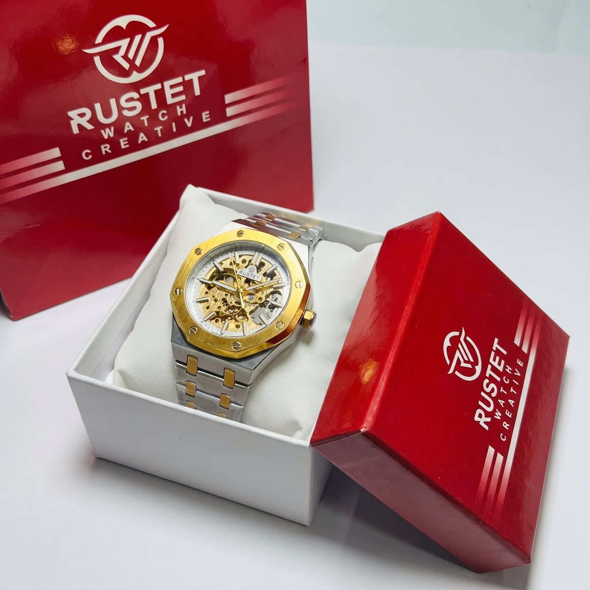 RUSTET Men's Two-Tone Skeleton Watch – Automatic Movement, Steel & Waterproof