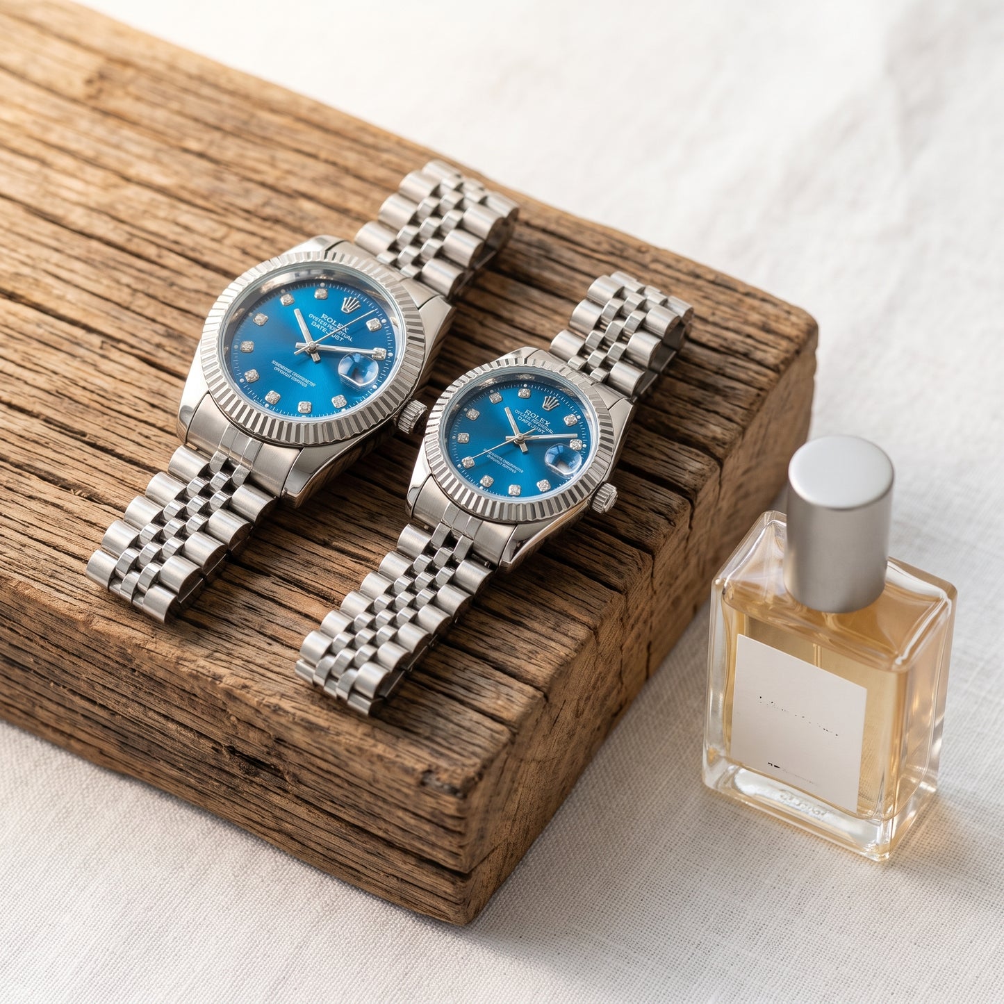 Rolex Datejust Couple Watch Set – Blue Dial, Fluted Bezel & Jubilee Bracelet (His & Hers)