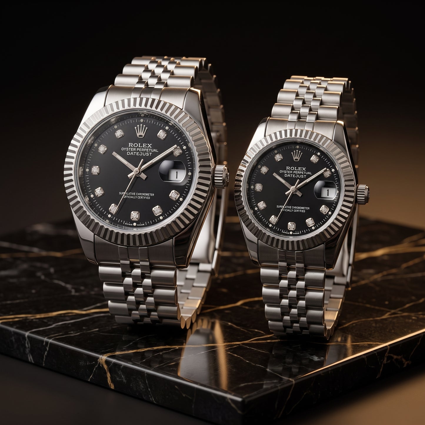 Rolex Datejust Couple Watch Set – Black Dial, Fluted Bezel & Jubilee Bracelet (His & Hers)
