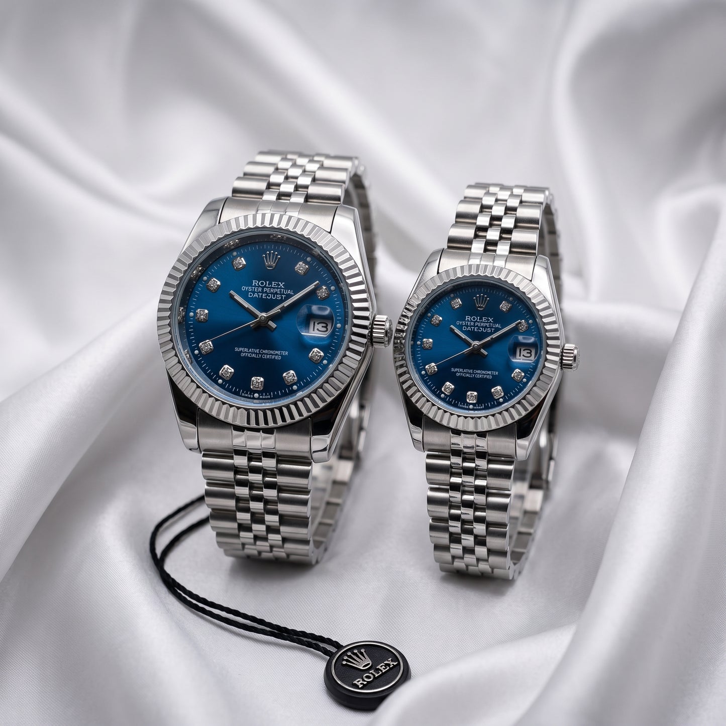 Rolex Datejust Couple Watch Set – Blue Dial, Fluted Bezel & Jubilee Bracelet (His & Hers)