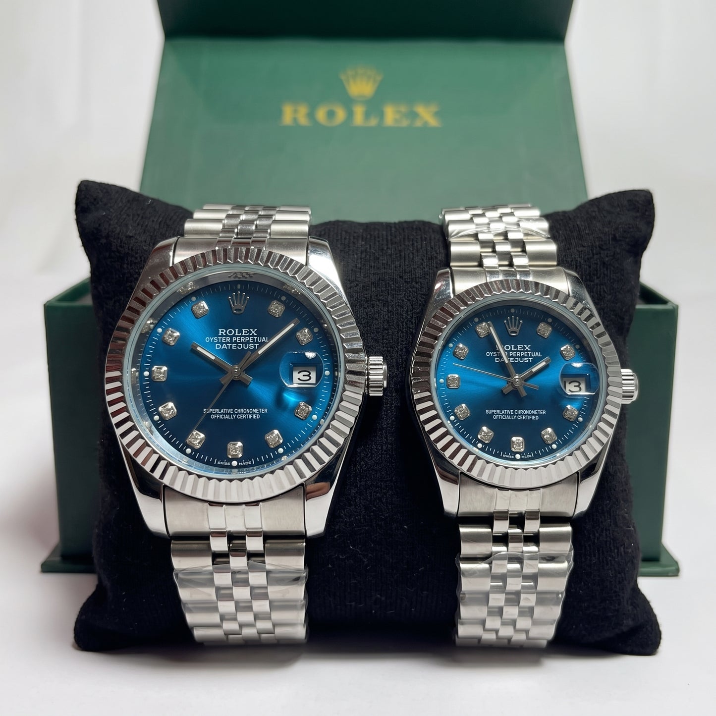 Rolex Datejust Couple Watch Set – Blue Dial, Fluted Bezel & Jubilee Bracelet (His & Hers)