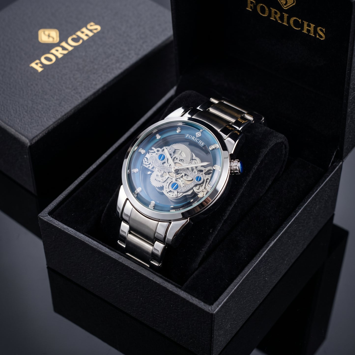 FORICHS Quartz Skeleton Watch with Blue Transparent Dial