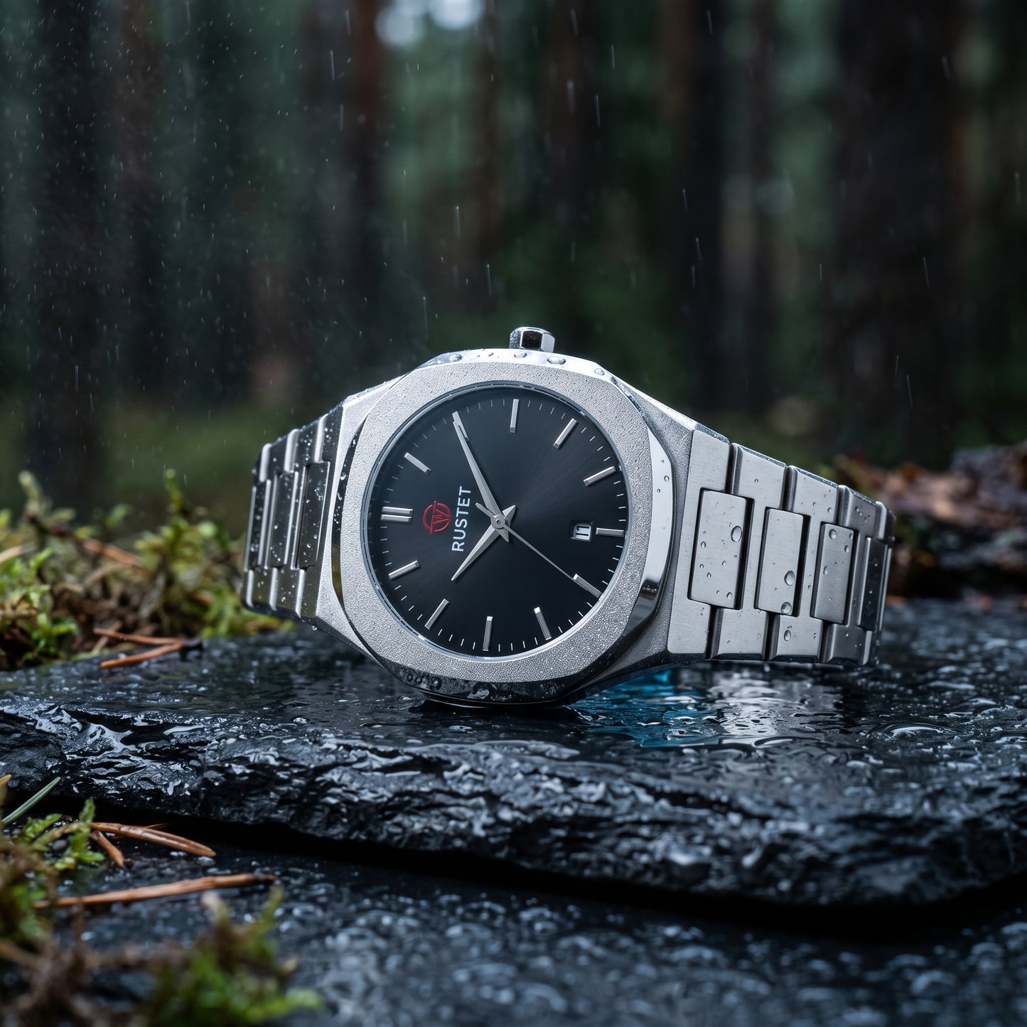 RUSTET Men's Ultra-Thin Sunburst Watch – Black Dial, Heavy Steel, Waterproof & date