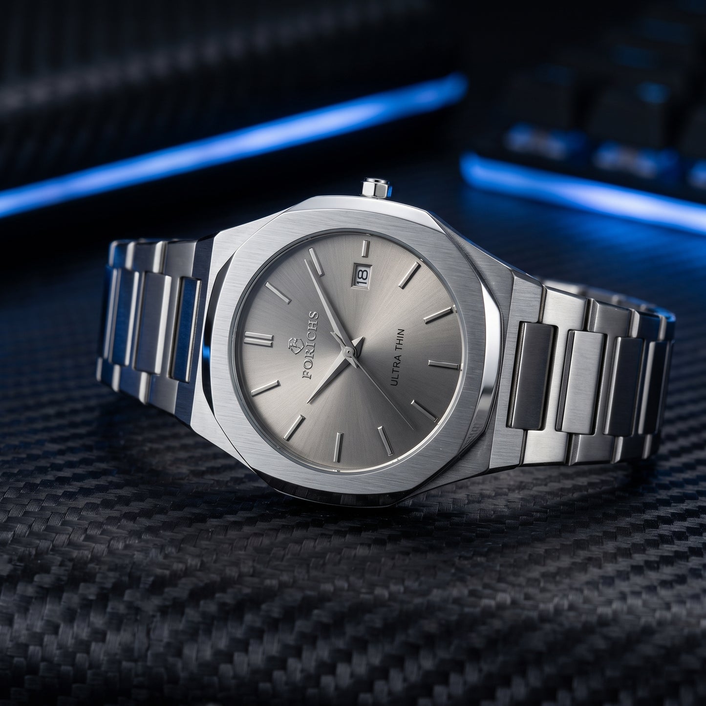 FORICHS Men's Ultra-Thin Quartz Watch – Sapphire Crystal, Steel & Grey Dial & Date