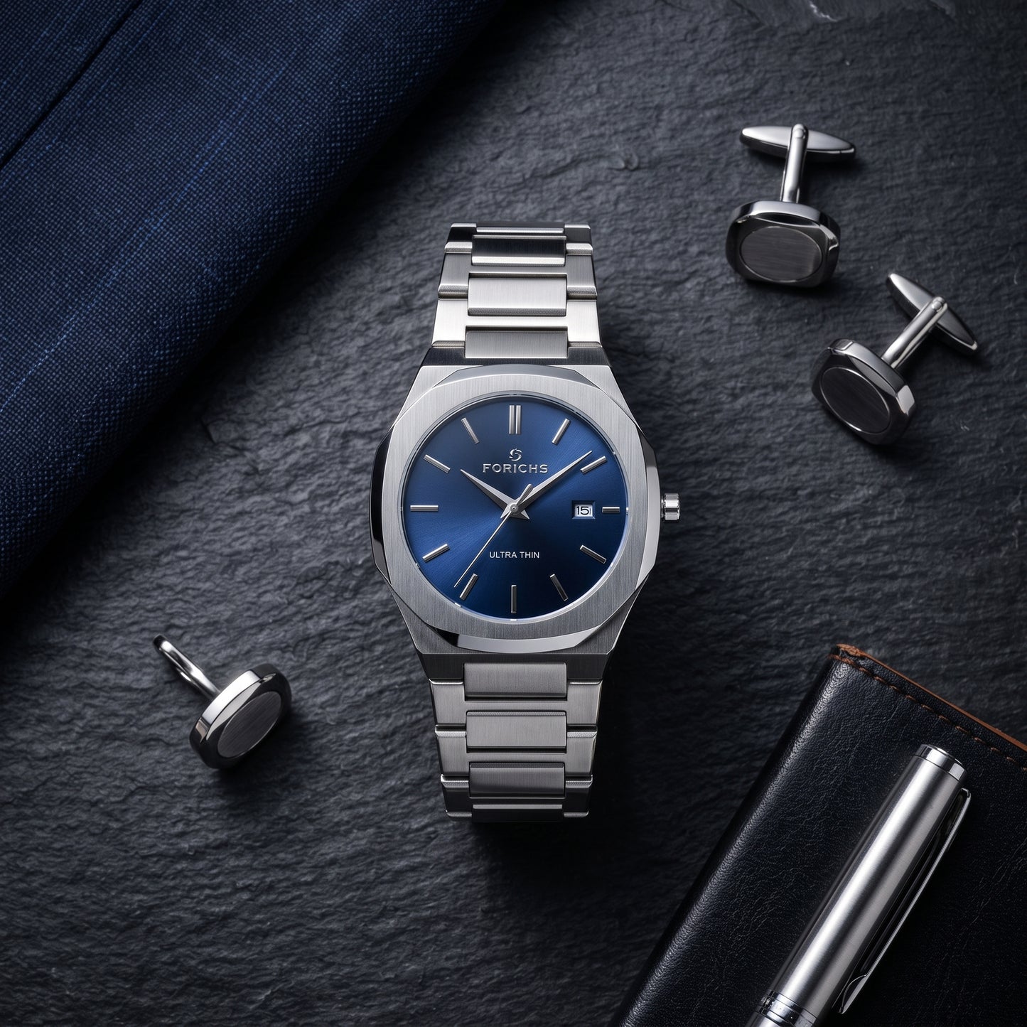 FORICHS Men's Ultra-Thin Quartz Watch – Sapphire Crystal, Steel & Blue Dial & Date