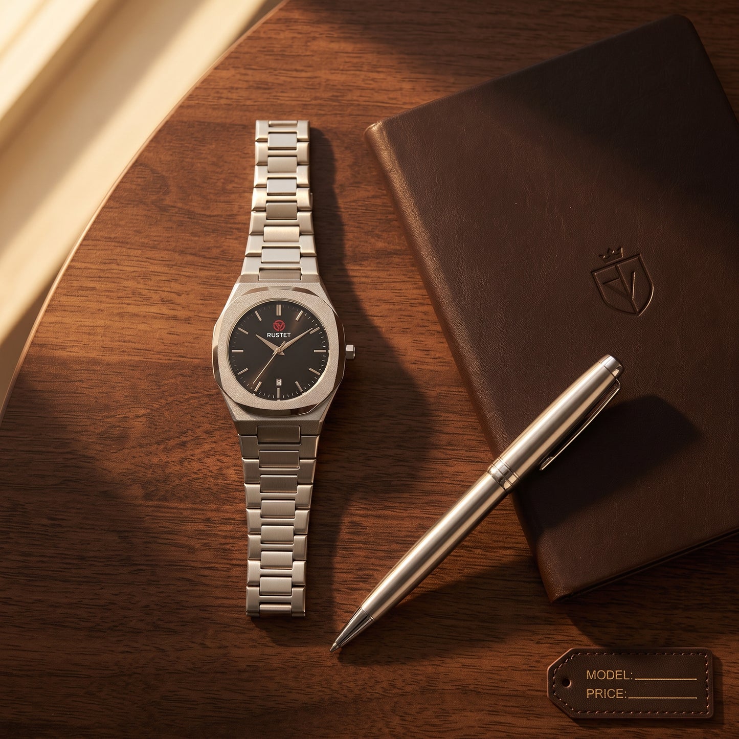 RUSTET Men's Ultra-Thin Sunburst Watch – Black Dial, Heavy Steel, Waterproof & date