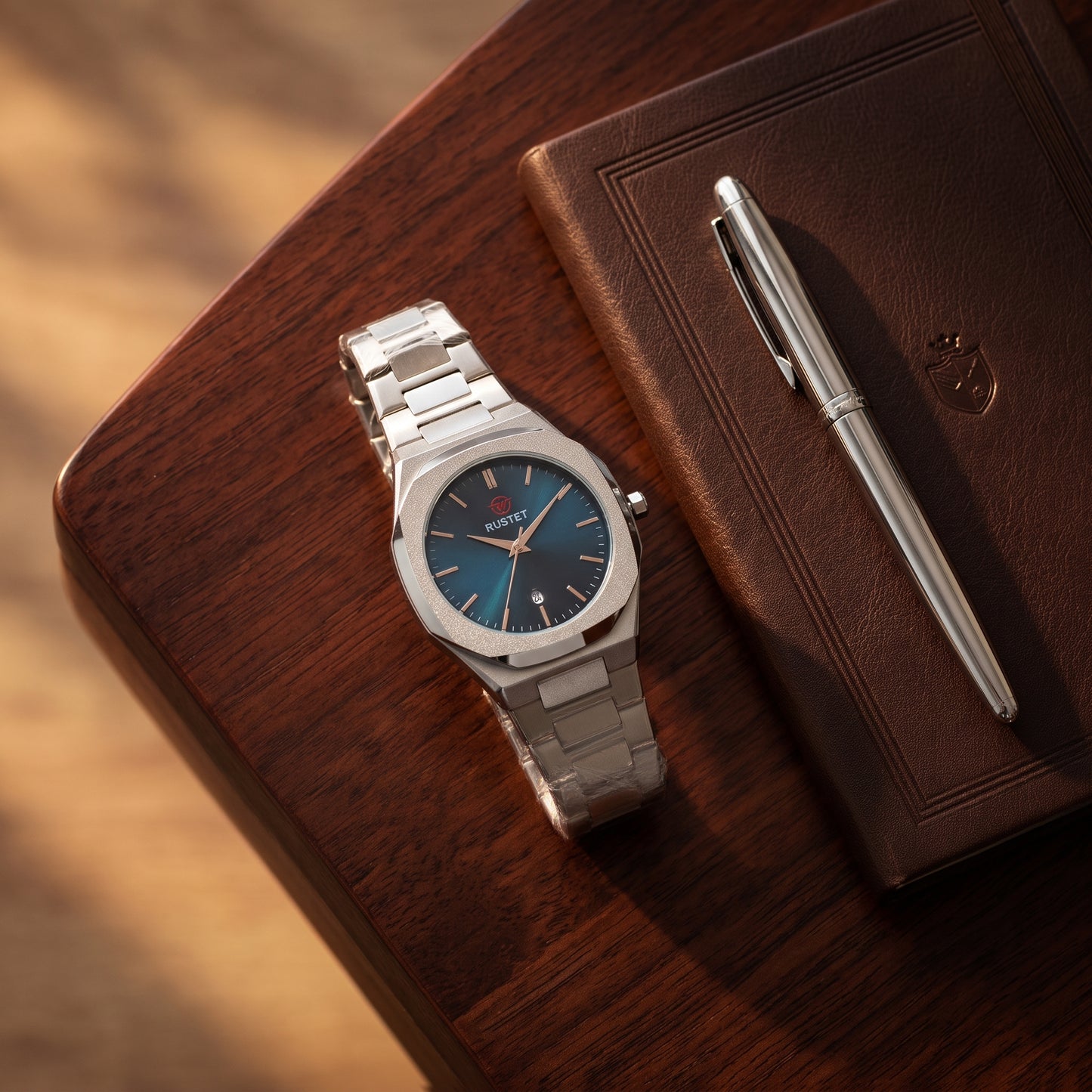RUSTET Men's Ultra-Thin Sunburst Watch – Blue Dial, Heavy Steel & Waterproof