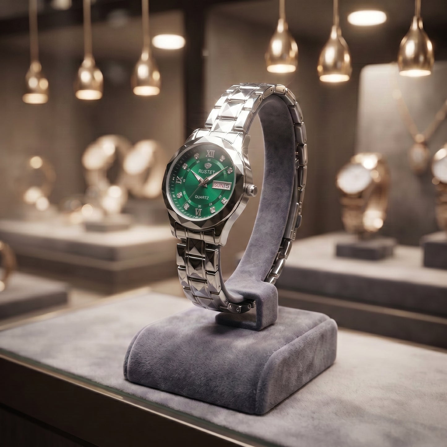 RUSTET Women's 3D Faceted Crystal Watch – Green Steel, Waterproof & Day-Date