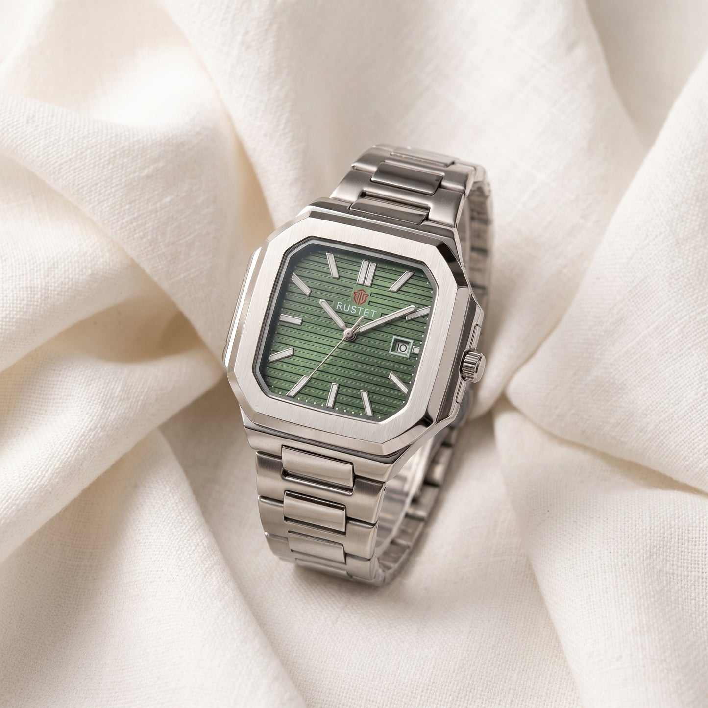 RUSTET Men's Ultra-Thin Square Case Watch – Green Dial - date, Steel & Waterproof