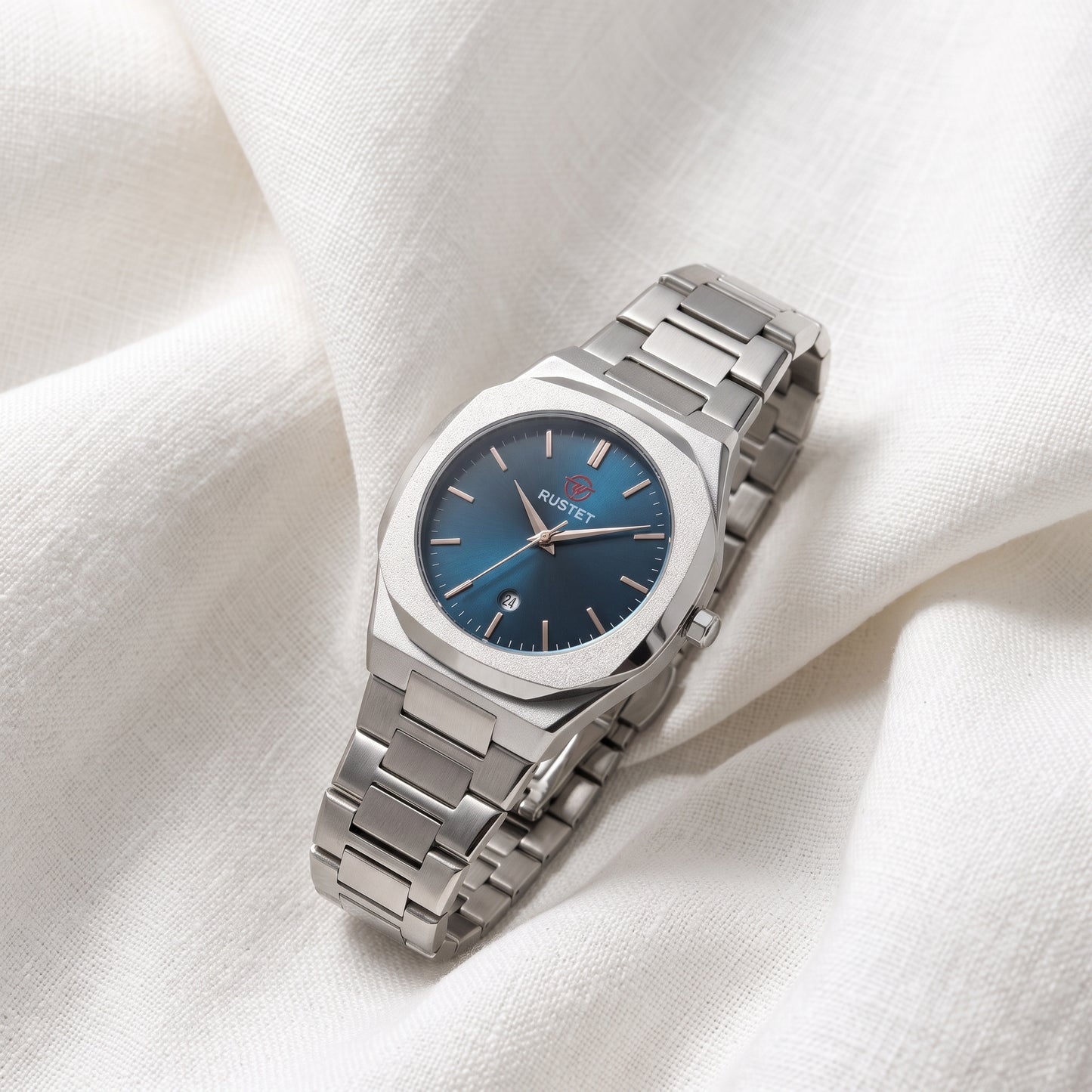 RUSTET Men's Ultra-Thin Sunburst Watch – Blue Dial, Heavy Steel & Waterproof