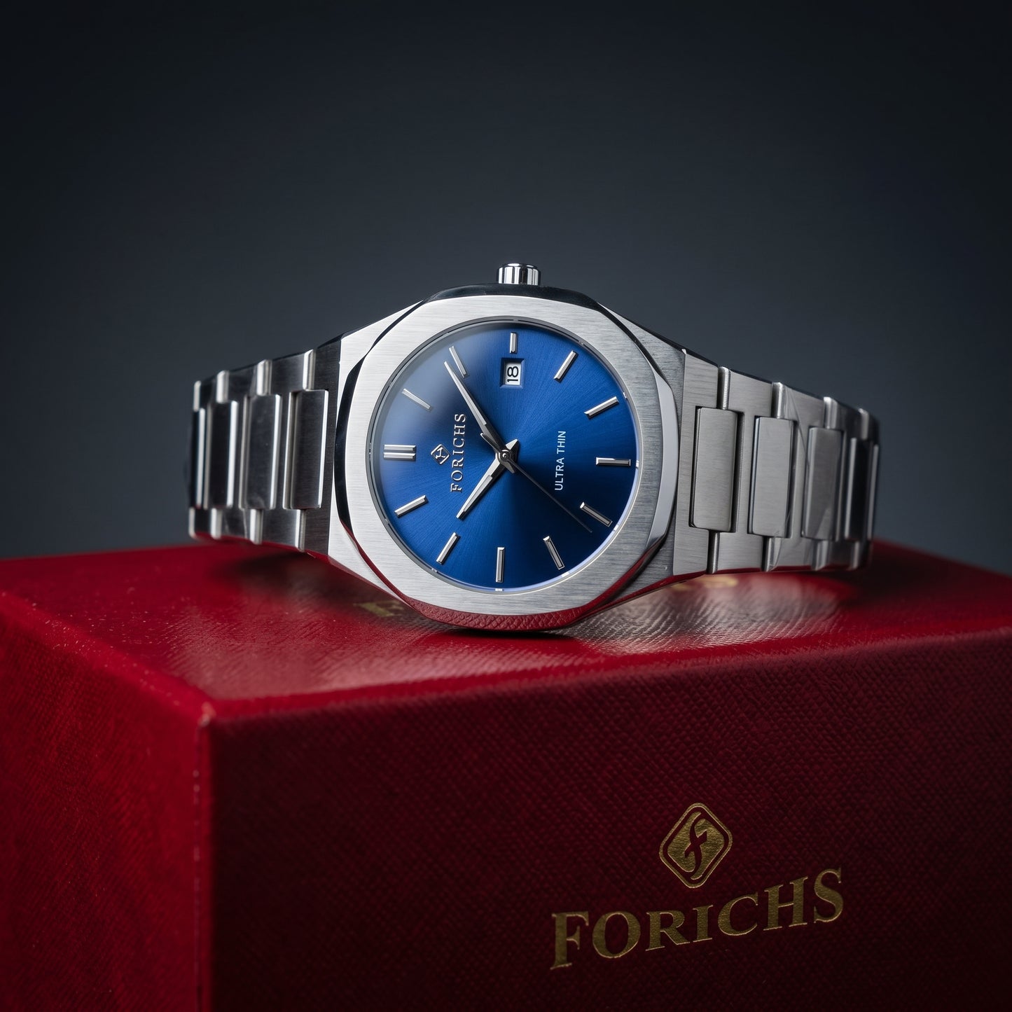 FORICHS Men's Ultra-Thin Quartz Watch – Sapphire Crystal, Steel & Blue Dial & Date