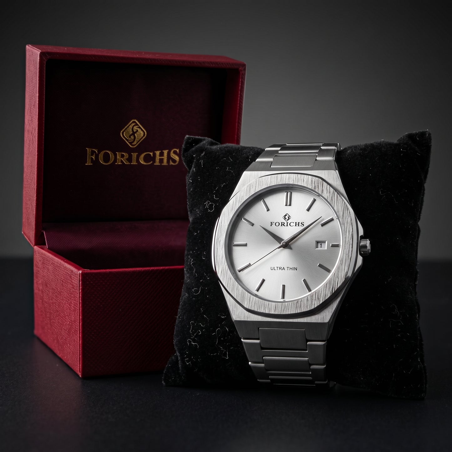 FORICHS Men’s Ultra-Thin Quartz Watch – Sapphire Crystal, Stainless Steel & Date