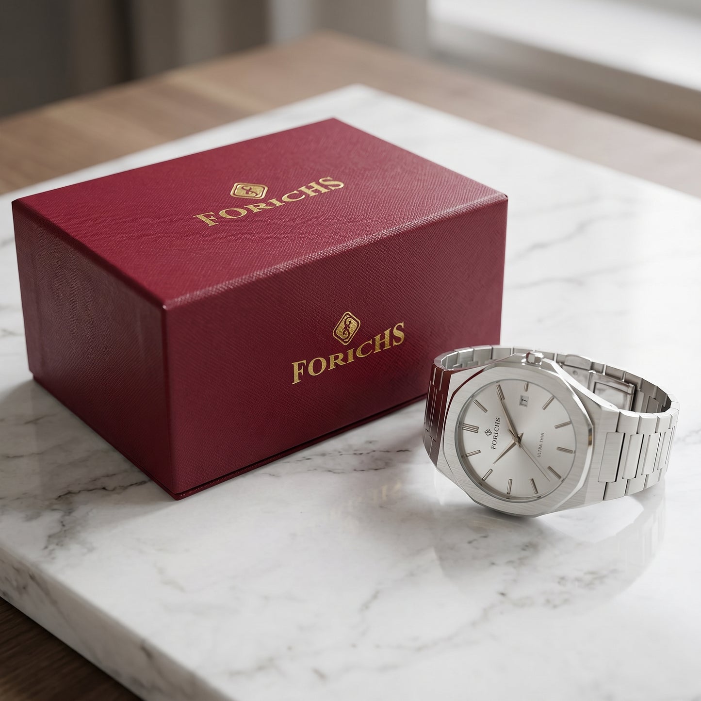 FORICHS Men’s Ultra-Thin Quartz Watch – Sapphire Crystal, Stainless Steel & Date
