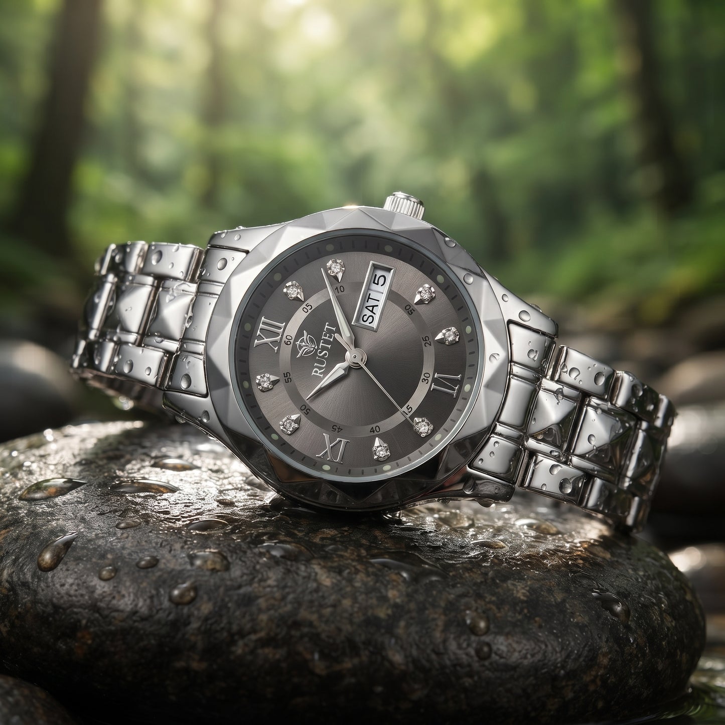 RUSTET Women's 3D Faceted Crystal Watch – Grey Steel, Waterproof & Day-Date