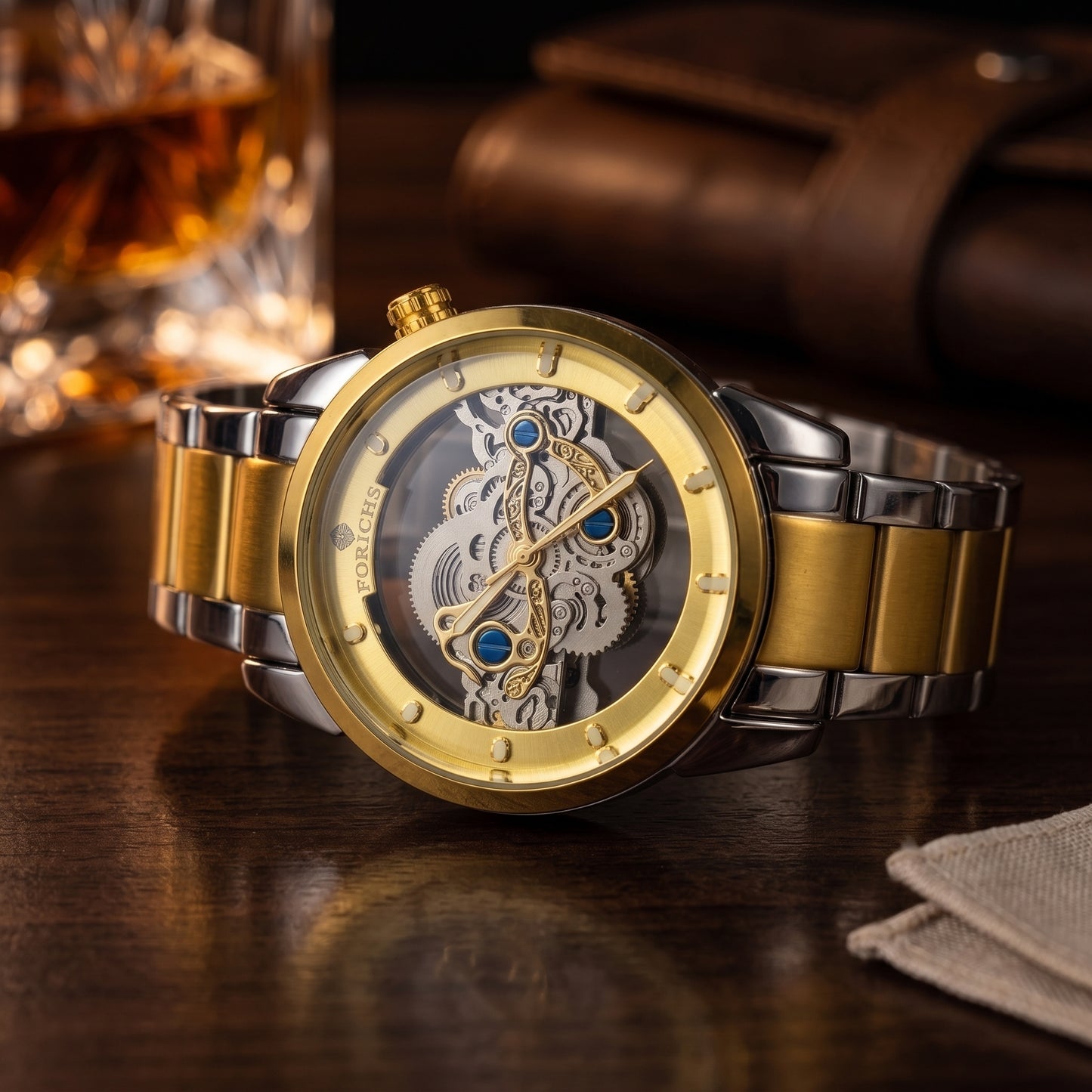 FORICHS Two-Tone Gold Quartz Skeleton Watch