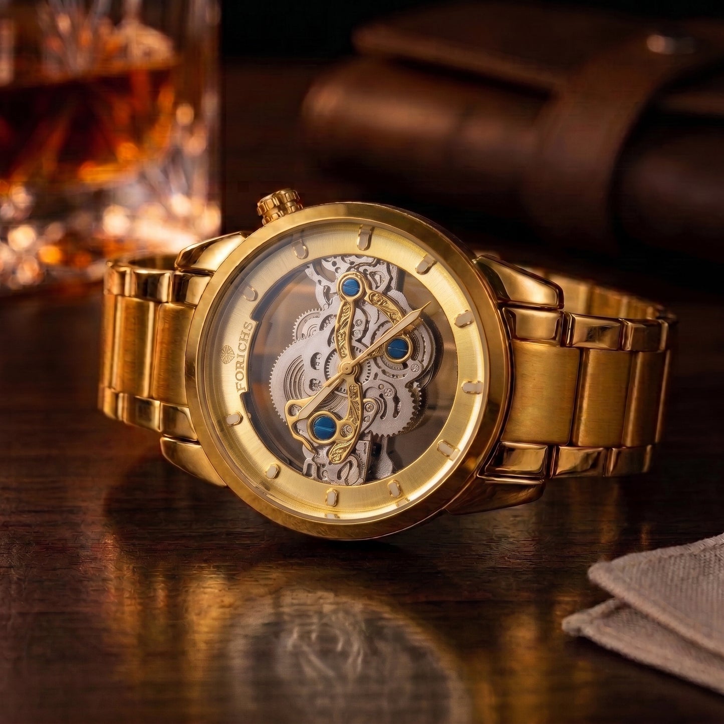 FORICHS Full Gold Quartz Skeleton Watch