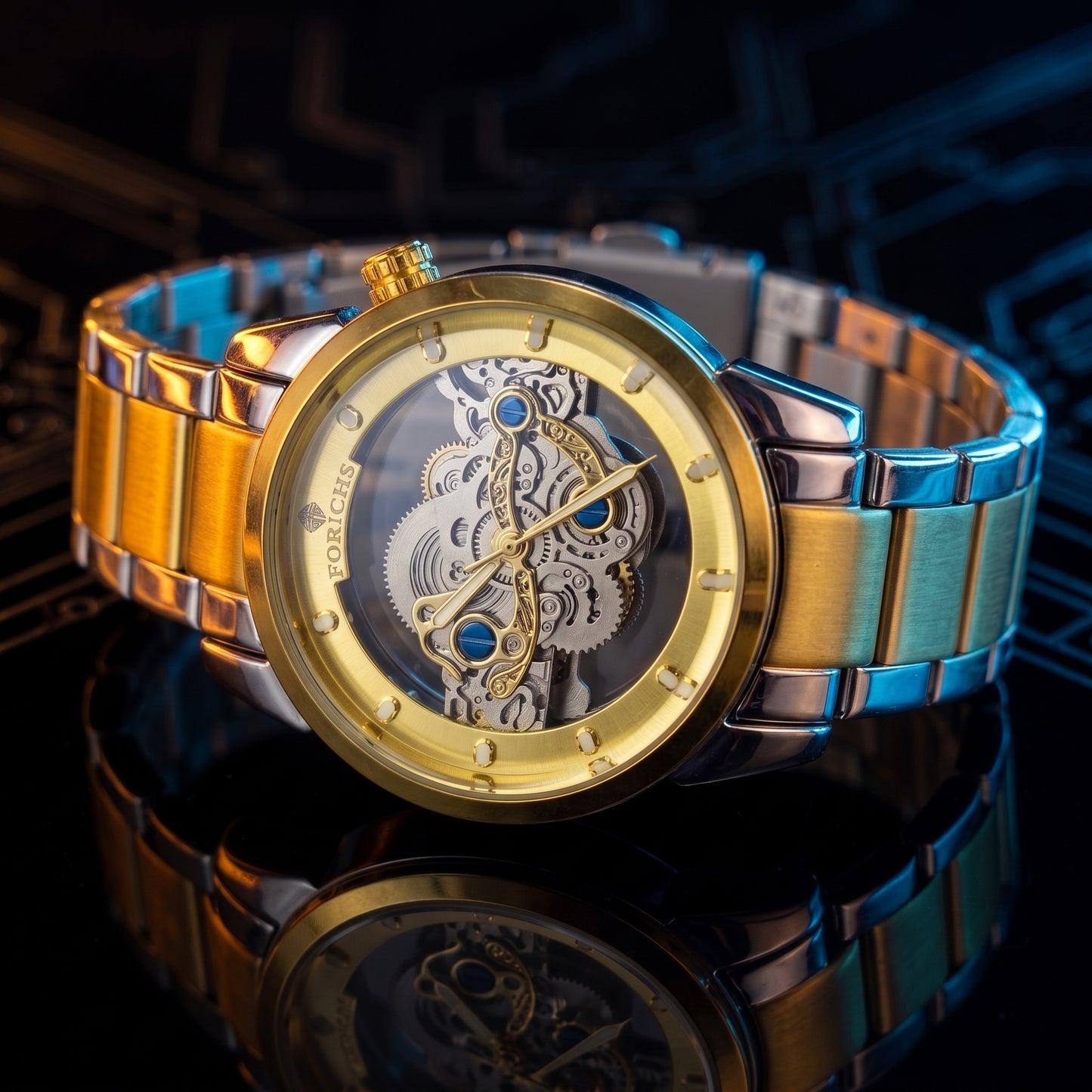 FORICHS Two-Tone Gold Quartz Skeleton Watch