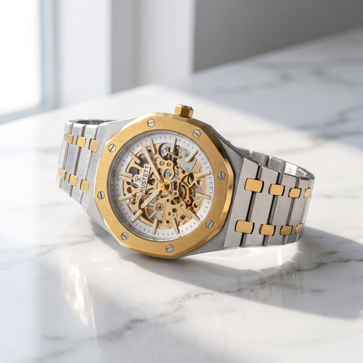 RUSTET Men's Two-Tone Skeleton Watch – Automatic Movement, Steel & Waterproof