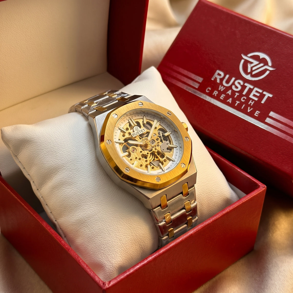 RUSTET Men's Two-Tone Skeleton Watch – Automatic Movement, Steel & Waterproof