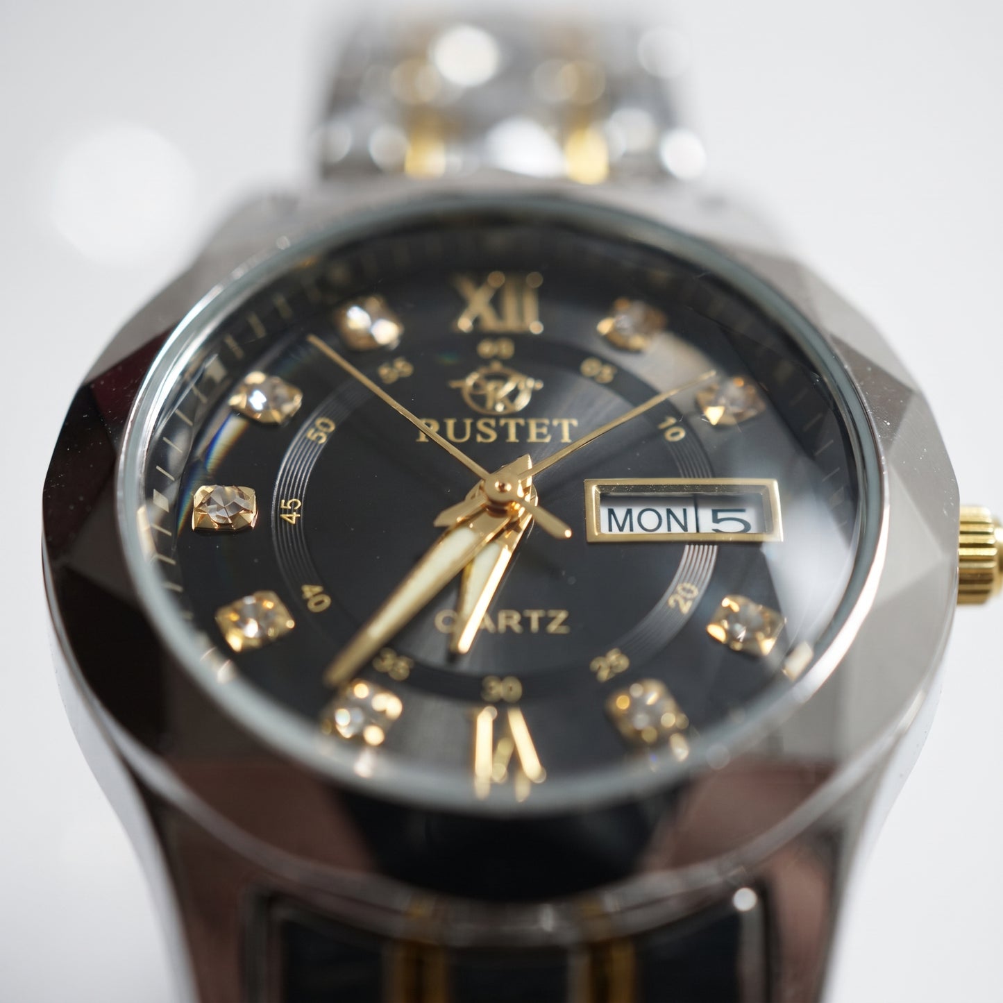 RUSTET Women's Two-Tone Gold & Silver Waterproof Watch – Black Dial, Day-Date