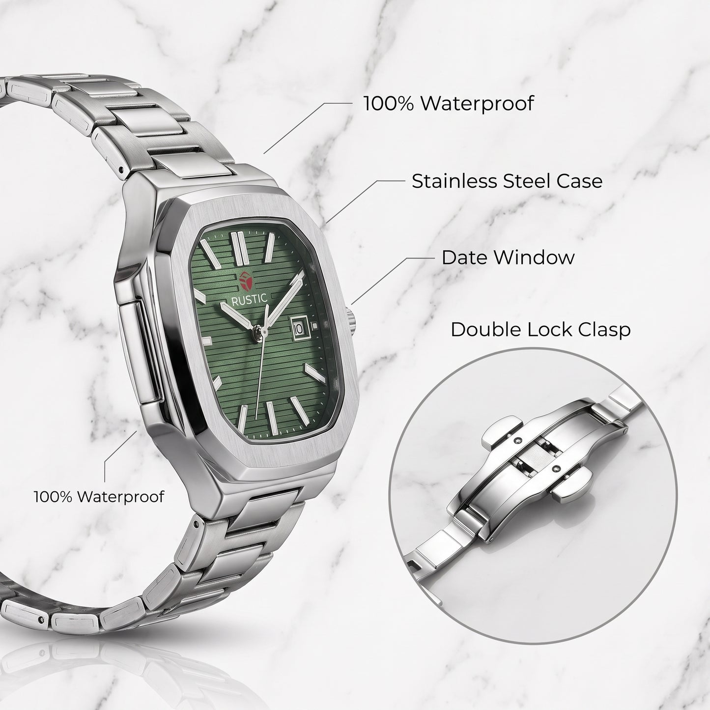 RUSTET Men's Ultra-Thin Square Case Watch – Green Dial - date, Steel & Waterproof