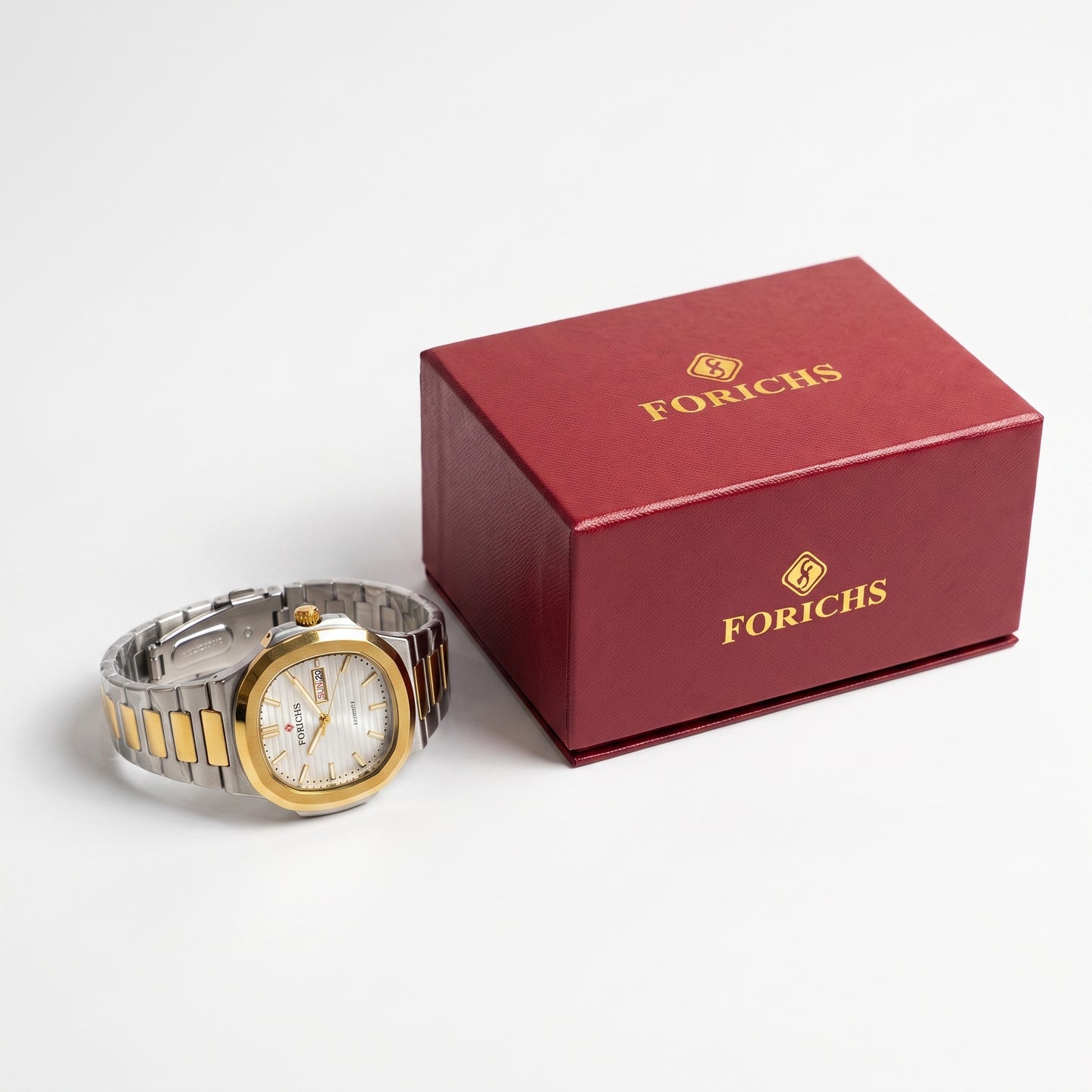 FORICHS Two-Tone Gold and Silver White Dial Stainless Steel Quartz Watch for Men